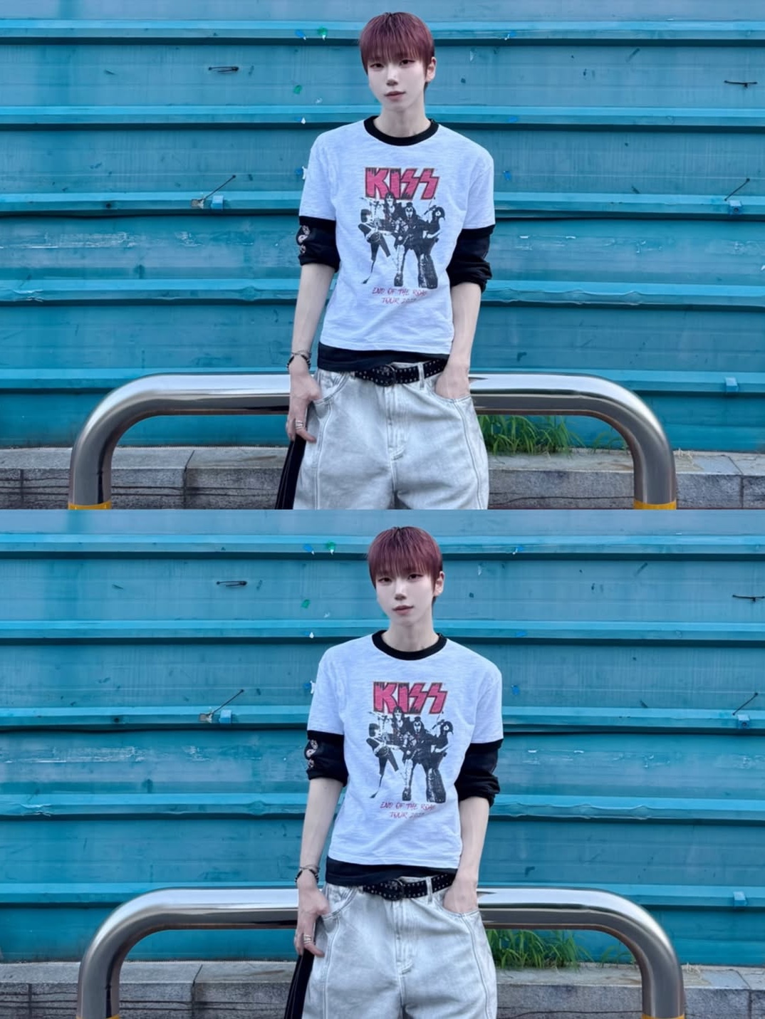 MAINBOOTH X KISS End of the Road T-shirt White 착용 스타일 - 1