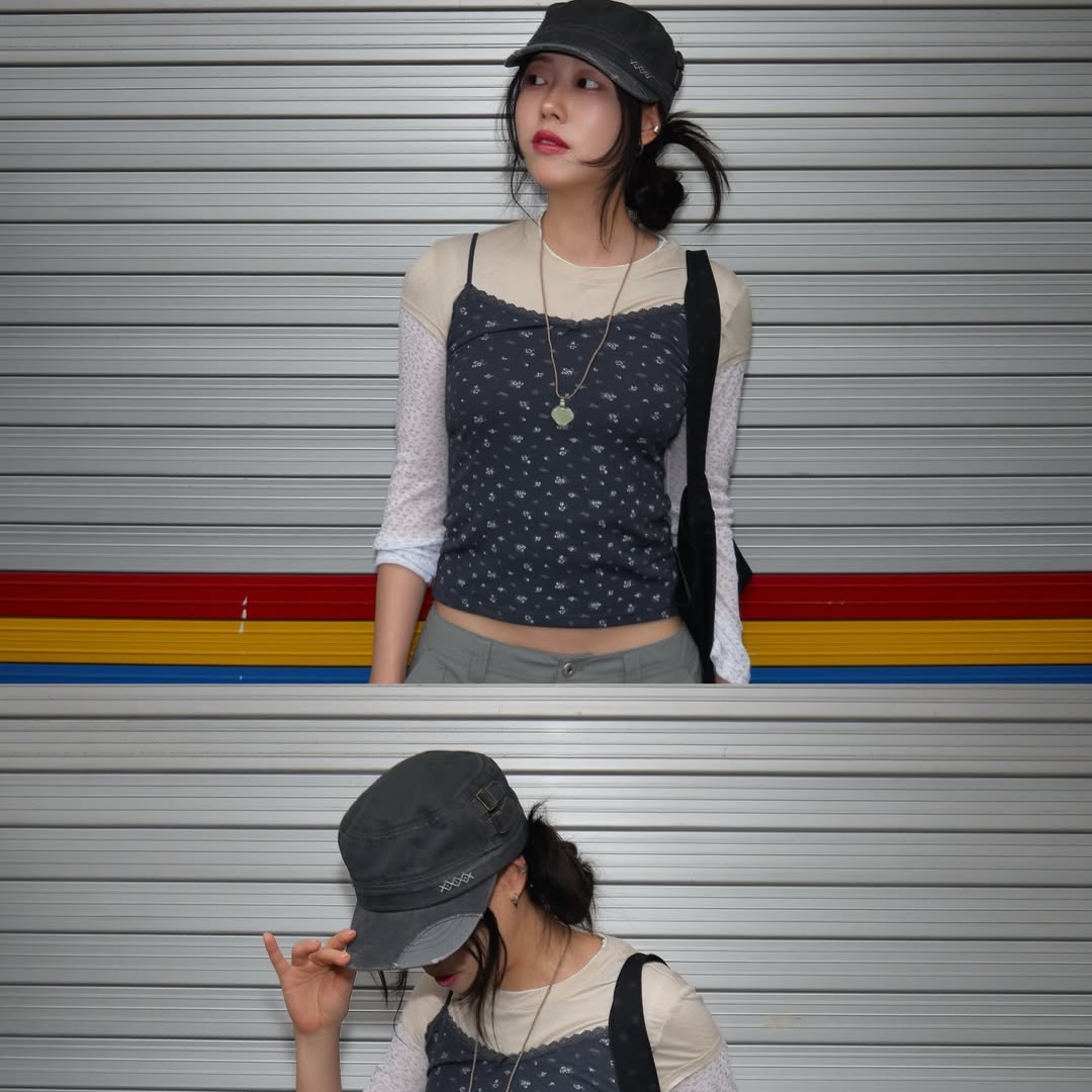 MAINBOOTH Patchwork Military Cap Charcoal 착용 스타일 - 1