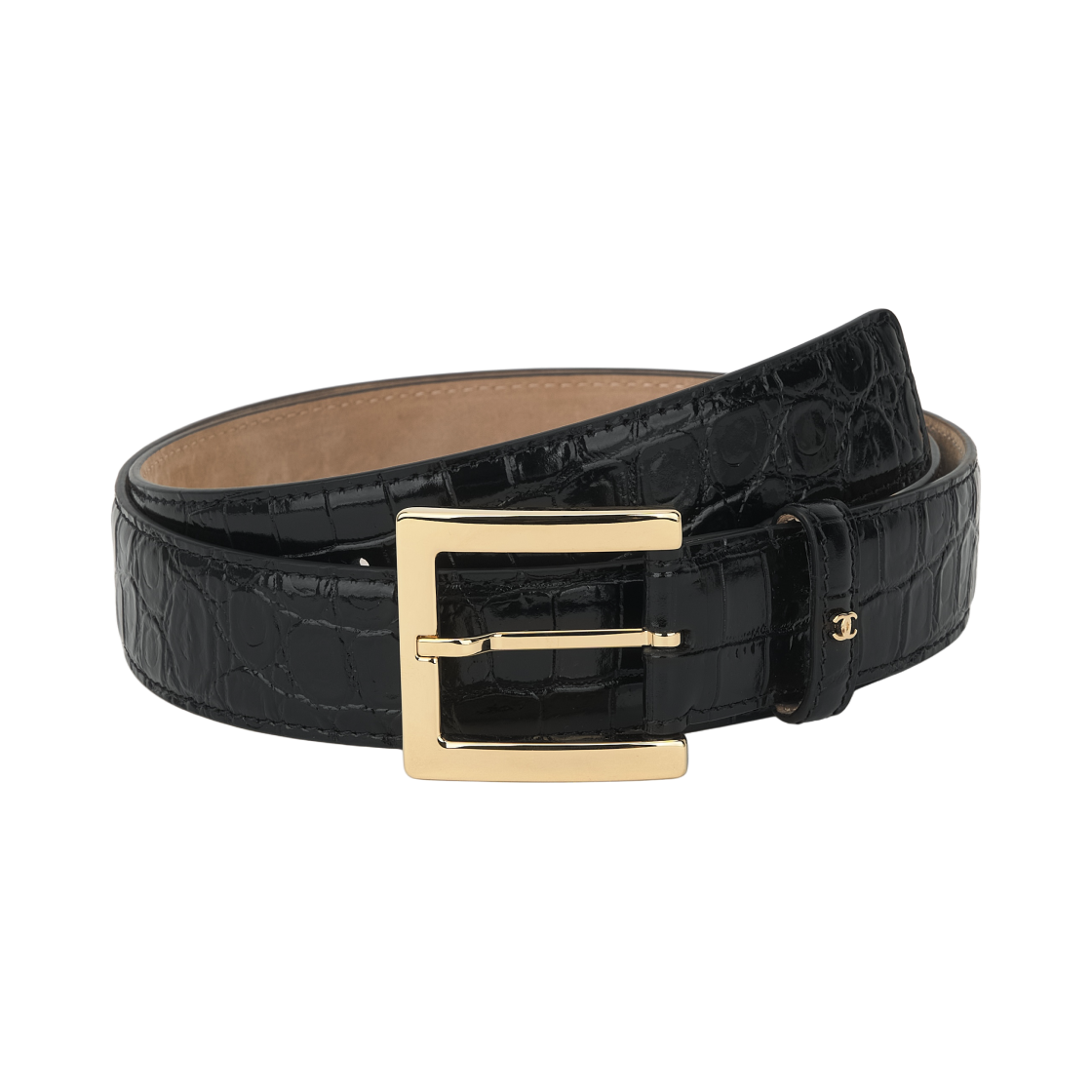 AAB999-B24426-UA359 Chanel Leather Belt Crocodile Embossed Calfskin & Gold Black