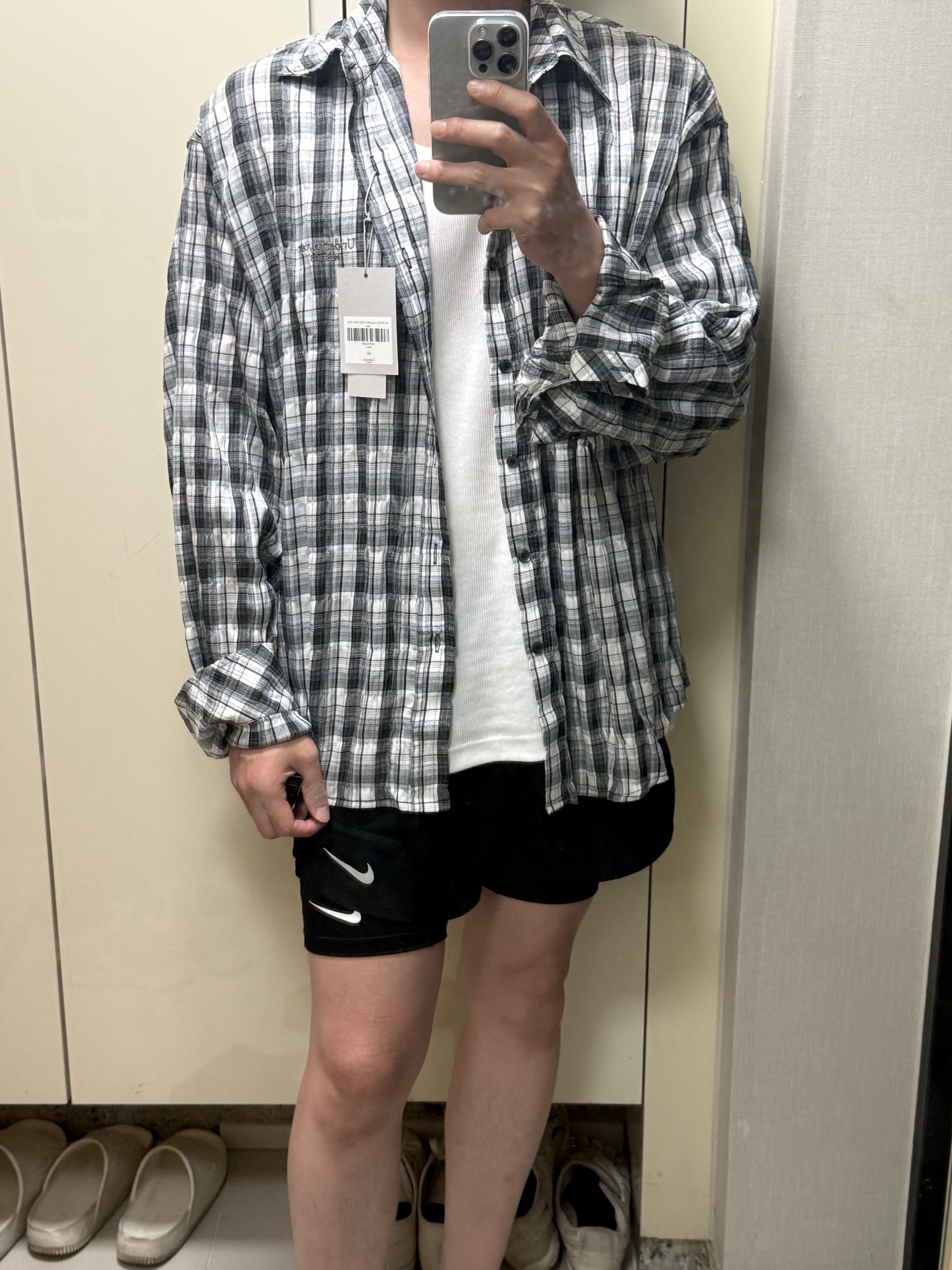 Undermycar Mu.36 Anti Fxxking Logo Play Basic Long Sleeve Check Shirts Blue Black 착용 스타일 - 2