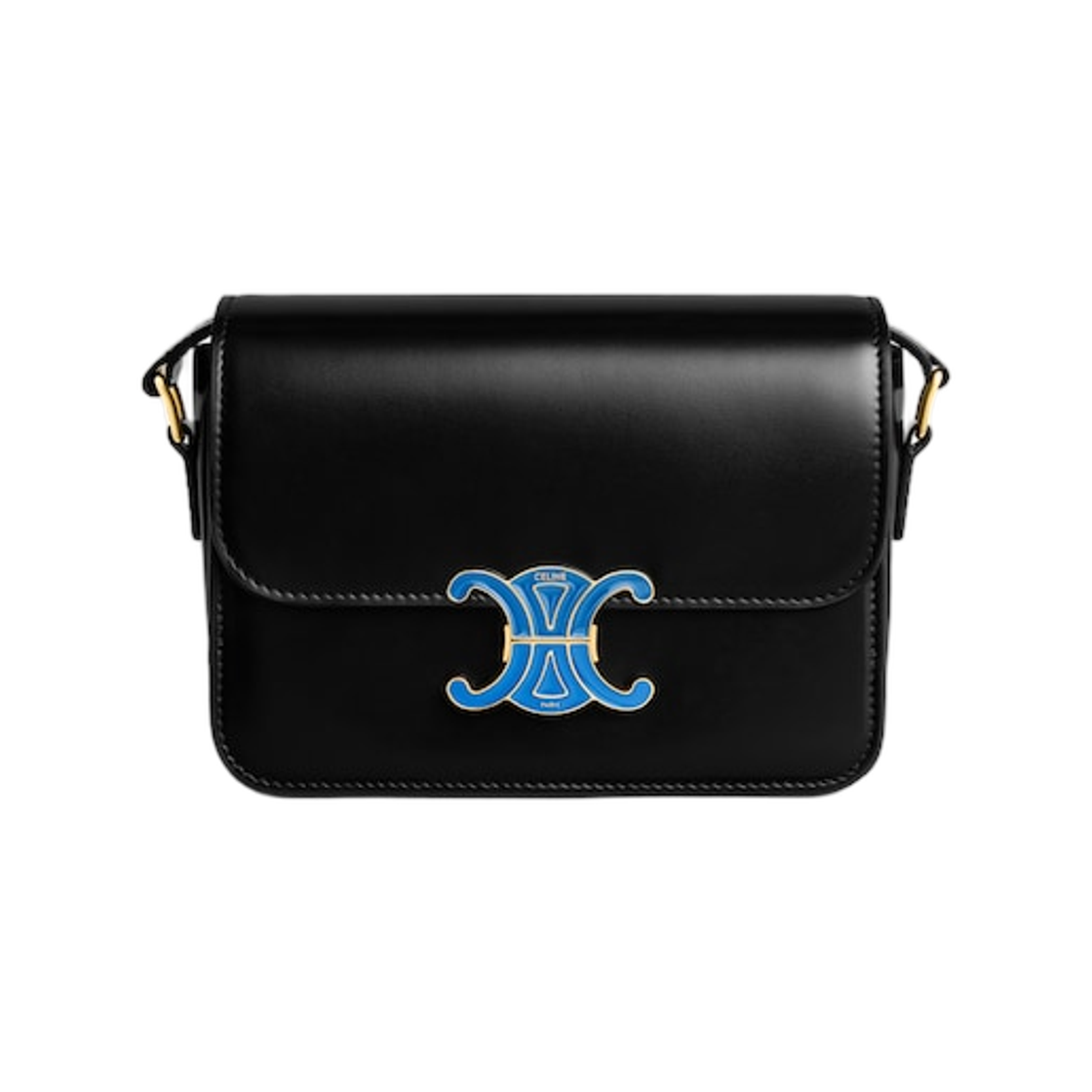 188424K49-GFS3 Celine Teen Triomphe Bag in Shiny Calfskin with Enamel Closure Black Ultra Blue