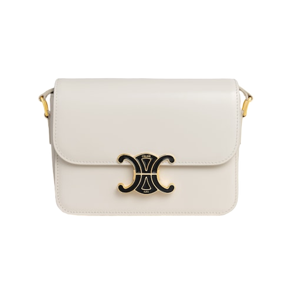 188424K49-GLN0 Celine Teen Triomphe Bag in Shiny Calfskin with Enamel Closure White Cotton Black