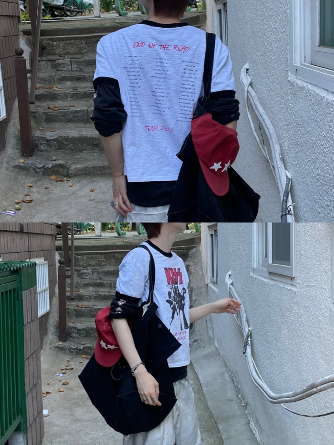 MAINBOOTH X KISS End of the Road T-shirt White 착용 스타일 - 4