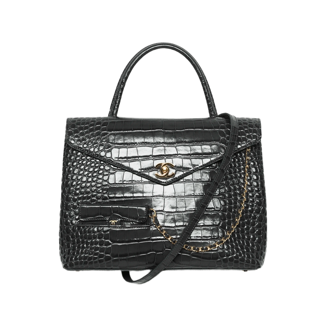 AS6309-B25100-UB068 Chanel Maxi Flap Bag with Top Handle Crocodile-Embossed Calfskin & Gold Dark Grey