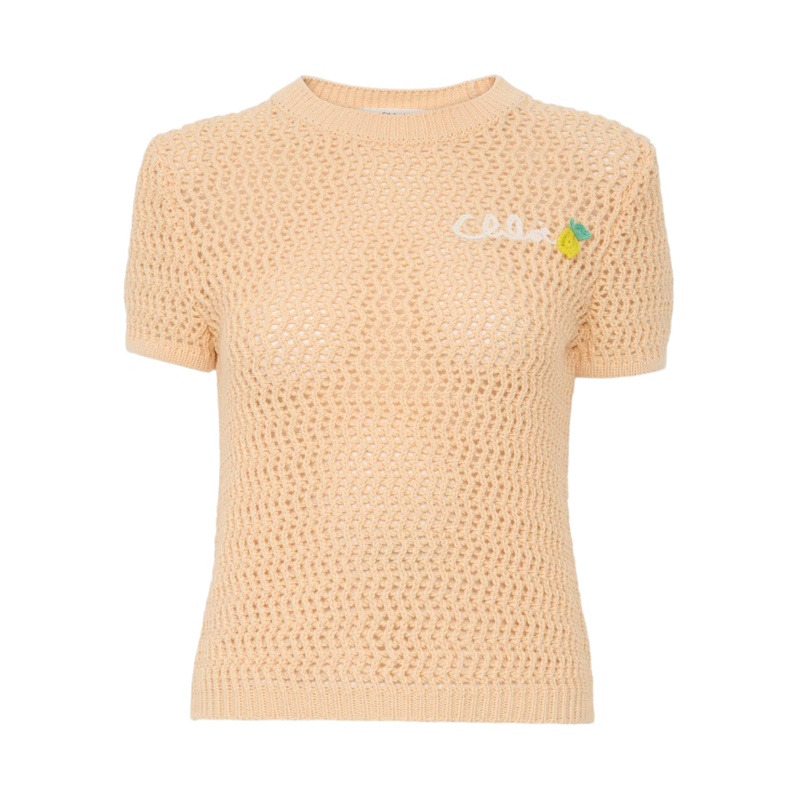 (W) 끌로에 숏슬리브 로고 스웨터 크로쉐 니트 블리치드 오렌지((W) Chloe Short Sleeve Logo Sweater in Crochet Knit Bleached Orange)
