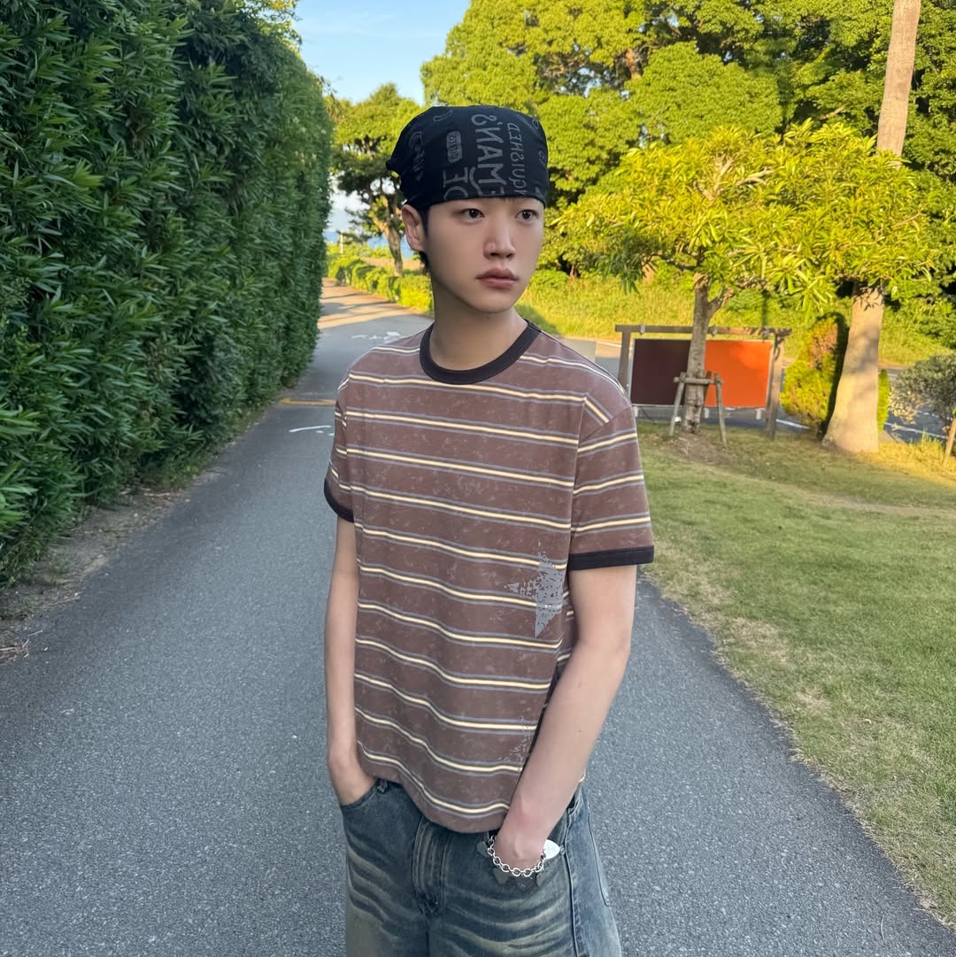 MAINBOOTH Rough Star Stripe T-shirt Brown 착용 스타일 - 1