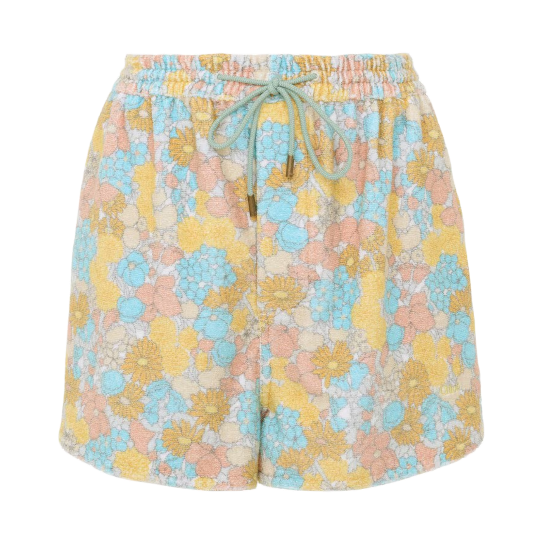 (W) 끌로에 드로우스트링 미니 쇼츠 코튼 타월링 멀티컬러 블루((W) Chloe Drawstring Mini Shorts in Cotton Toweling Multicolor Blue)