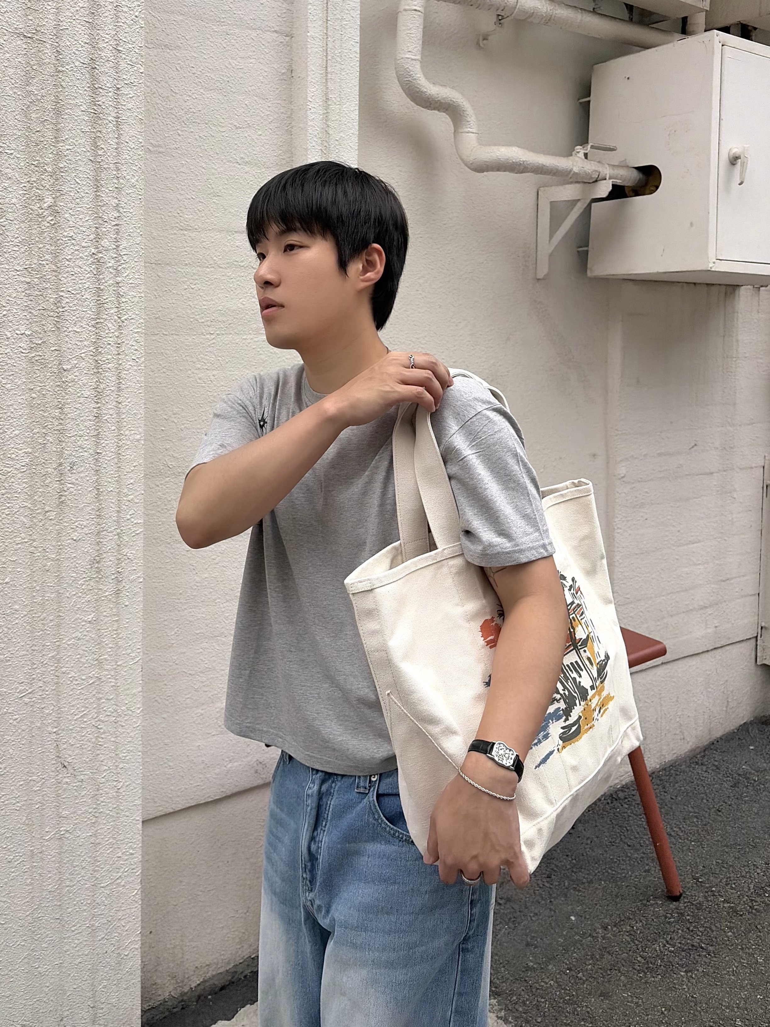 noun Wide Denim Pants Mid Blue, Pemont Square Black 착용 스타일 - 2