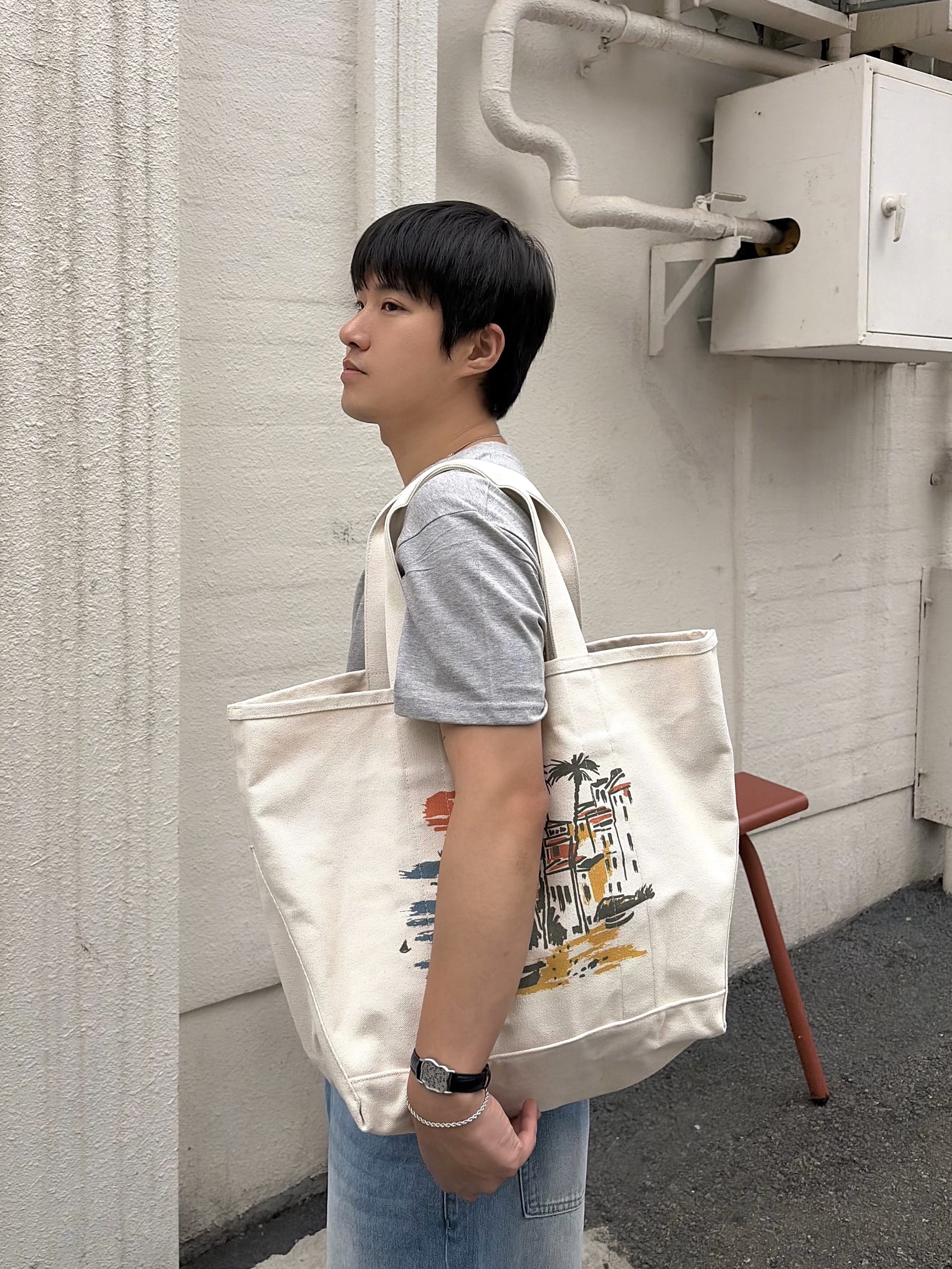 noun Wide Denim Pants Mid Blue, Pemont Square Black 착용 스타일 - 3
