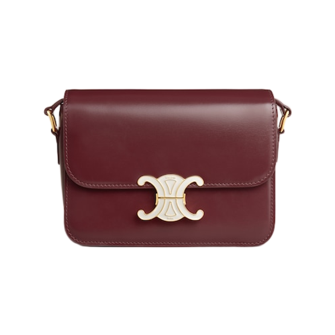 188424K49-GLM9 Celine Teen Triomphe Bag in Shiny Calfskin with Enamel Closure Syrah White Cotton