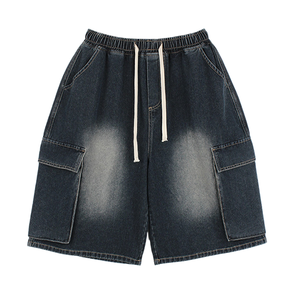 지크립 스트링 밴딩 빈티지 다크 블루 워싱 포켓 카고 와이드 버뮤다 데님 반바지(GCLIP String Banding Vintage Dark Blue Washing Pocket Cargo Wide Bermuda Denim Shorts) - 1
