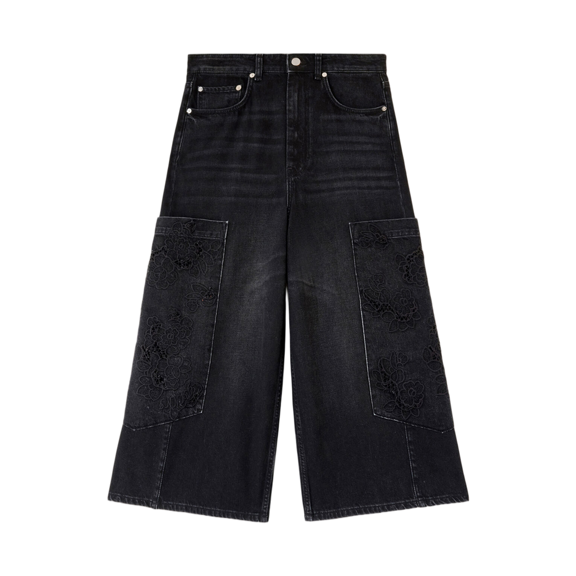 (W) 가니 크롭 카고 진 블랙 데님 블랙 워시드((W) Ganni Cropped Cargo Jeans in Black Denim Black Washed) - 1