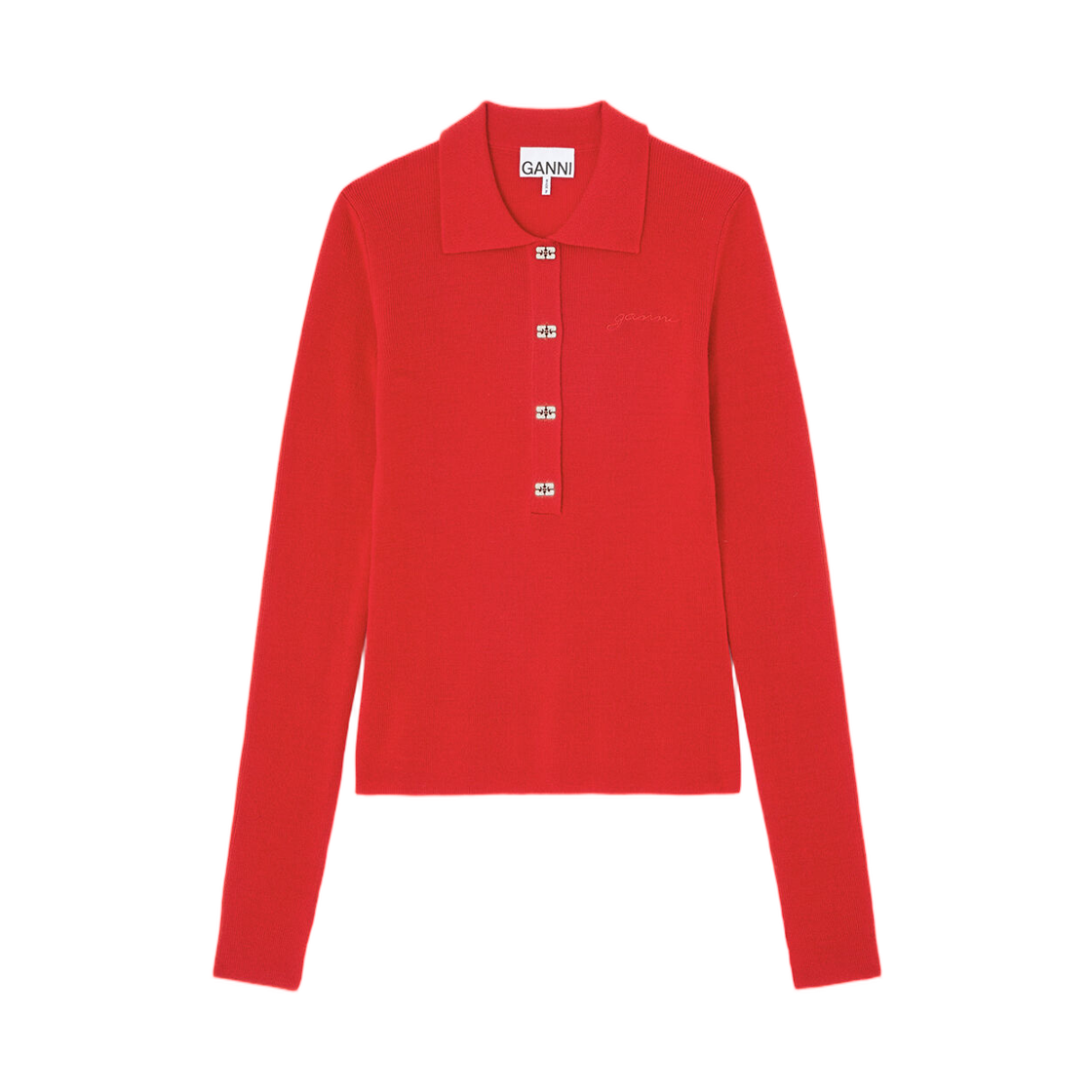 A1170006-06P (W) Ganni Polo Shirt in Red Merino Goji Berry