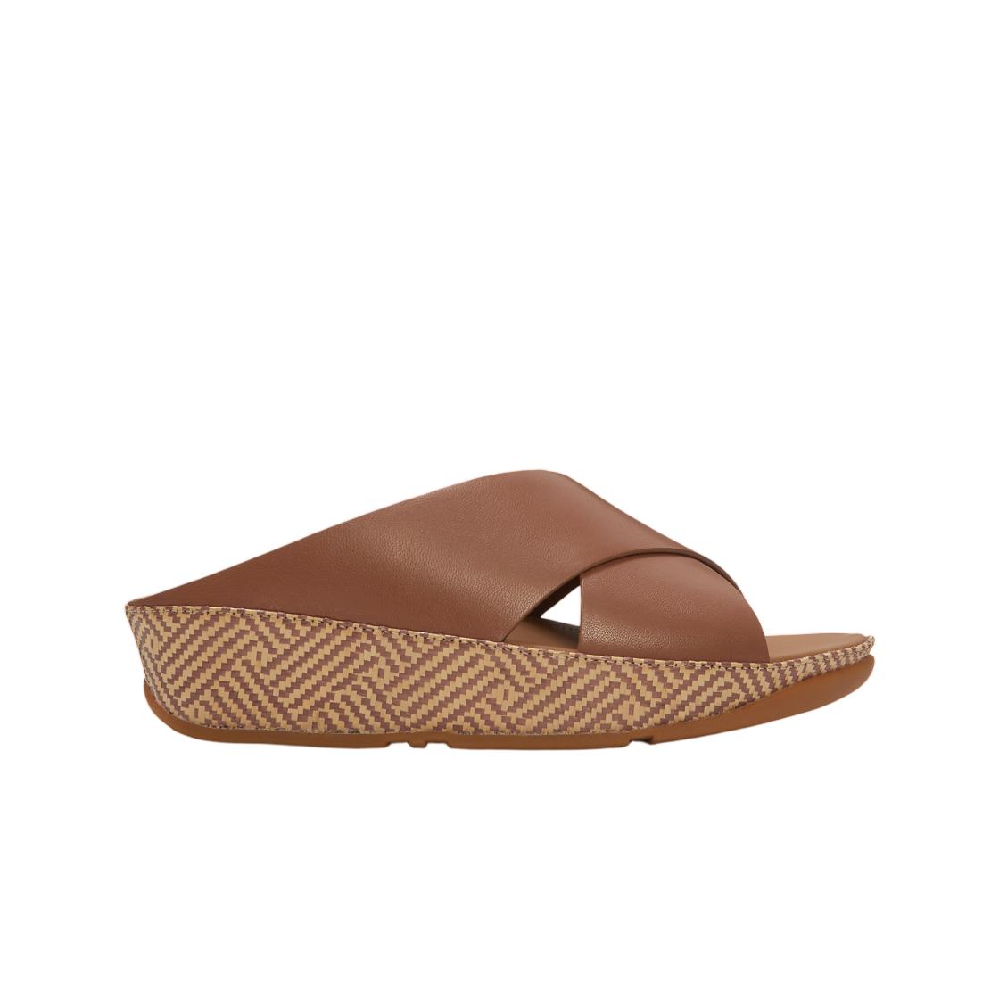 (W) 핏플랍 루루 룩스 그래픽 위브 레더 크로스 슬라이드 딥 탠((W) FITFLOP Lulu Lux Graphic-Weave Leather Cross Slides Deep Tan)