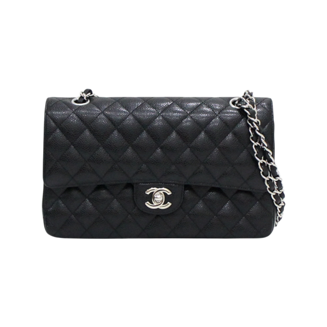 IT94DM2PSKUJ Chanel Black Caviar Classic Medium Silver Chain Shoulder Bag