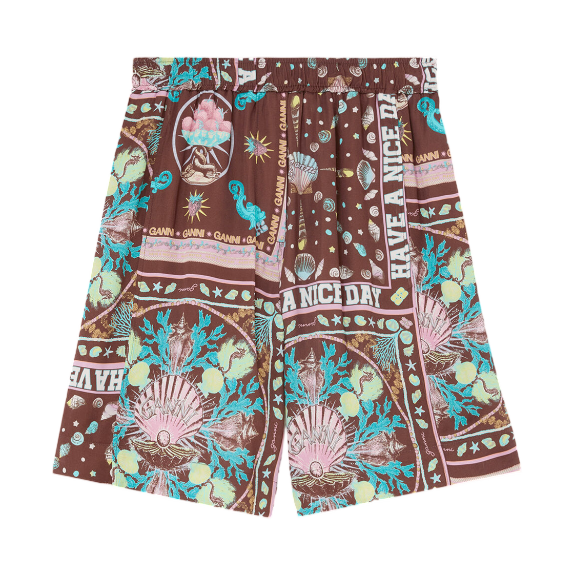 (W) 가니 쇼츠 프린티드 트윌 치커리 커피((W) Ganni Shorts in Printed Twill Chicory Coffee)