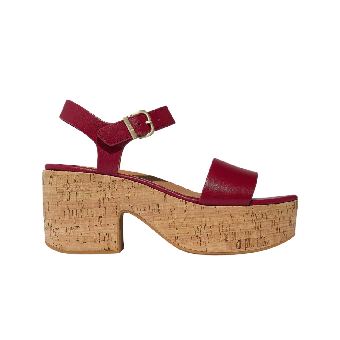 (W) 핏플랍 플랫폼 레더 코르크 힐드 앵클 스트랩 샌들 베리((W) FITFLOP Platfforms Leather Cork Heeled Ankle-Strap Sandals Berry)