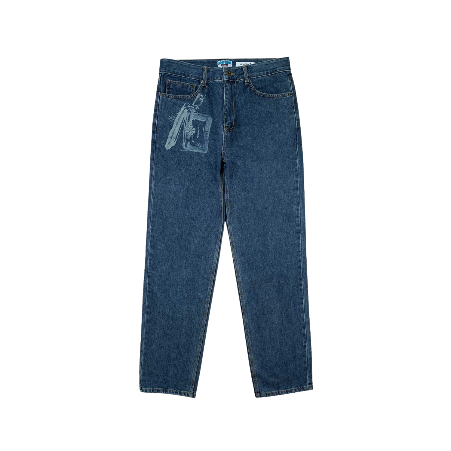 사파리스팟 x 허니스쿱하우스 키체인 랏 프린트 데님 팬츠 블루(Safarispot x Honey Scoop House Keychain lot Print Denim Pants Blue)
