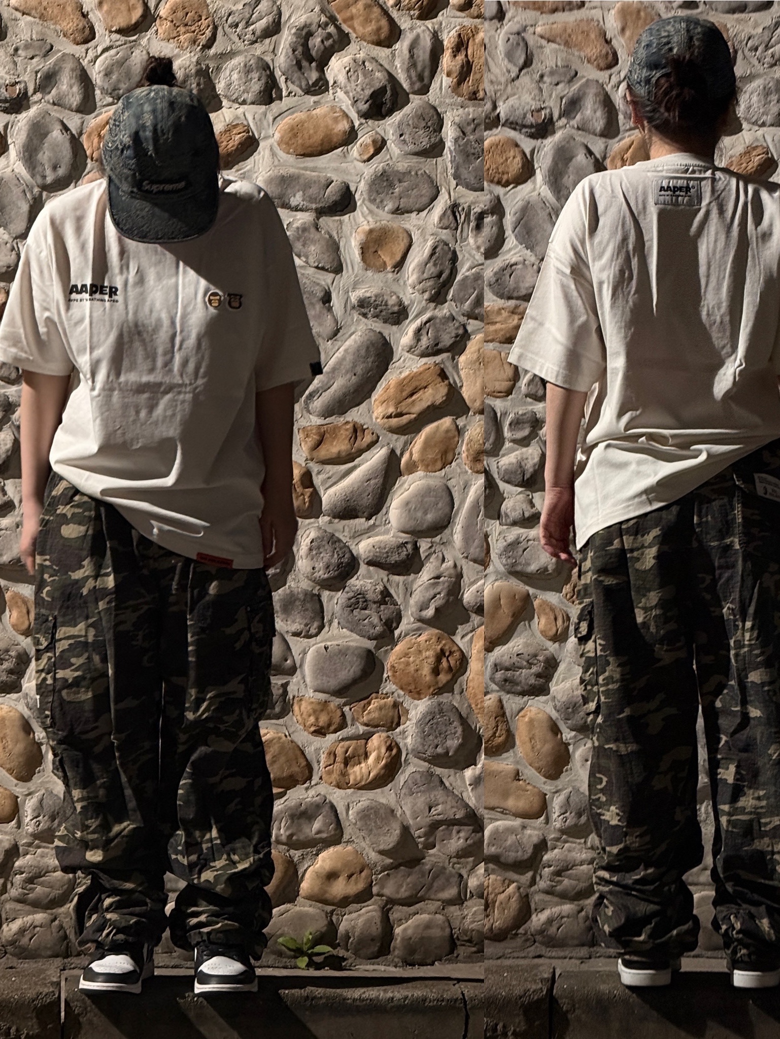 AAPE Basic Aaper Tee Ivory - 26SS, Supreme Bandana Jacquard Denim Camp Cap Blue - 25SS 착용 스타일