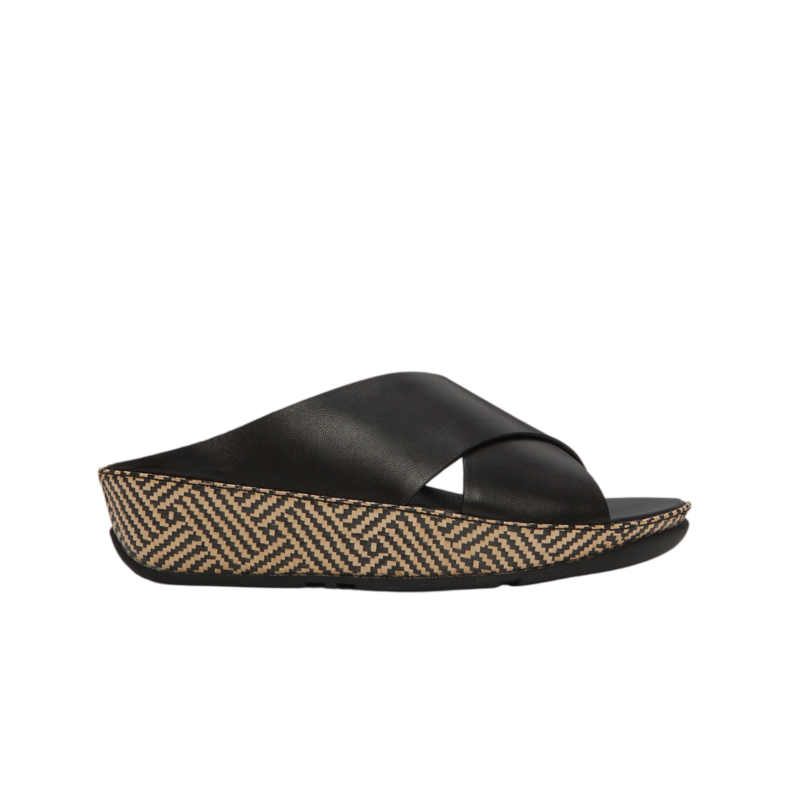 (W) 핏플랍 루루 룩스 그래픽 위브 레더 크로스 슬라이드 블랙((W) FITFLOP Lulu Lux Graphic-Weave Leather Cross Slides Black)