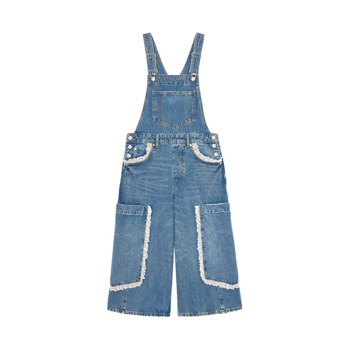 (W) 가니 오버올 크롭 레이스 리지드 데님 다크 블루 빈티지((W) Ganni Overalls Cropped Lace in Rigid Denim Dark Blue Vintage) - 1