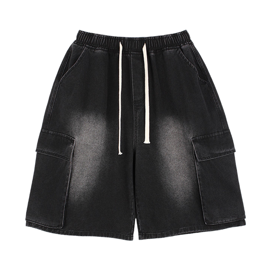 지크립 스트링 밴딩 빈티지 블랙 워싱 포켓 카고 와이드 버뮤다 데님 반바지(GCLIP String Band Vintage Black Wash Cargo Wide Bermuda Denim Shorts) - 1