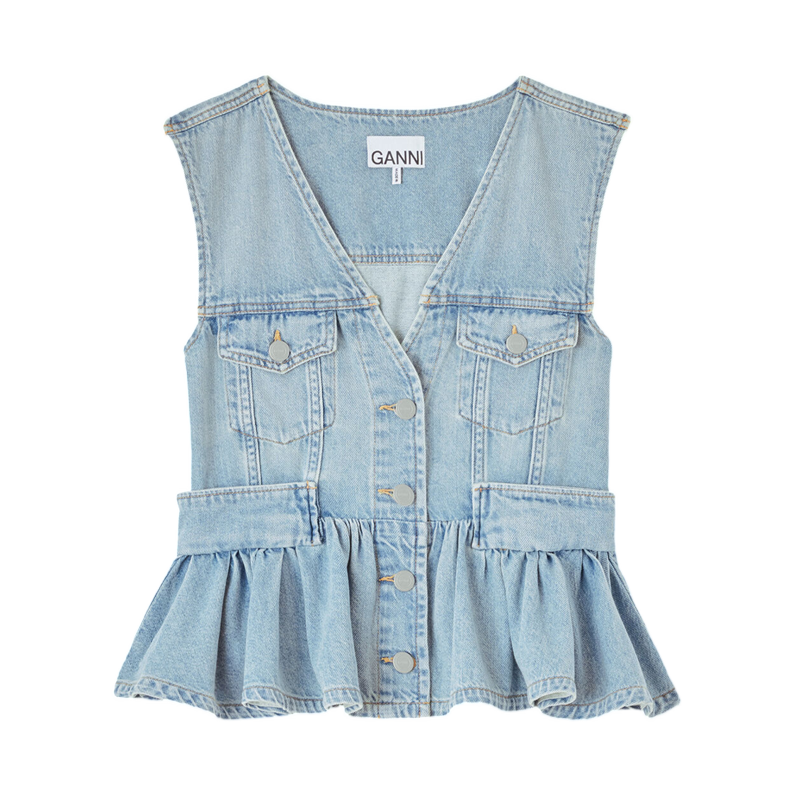 (W) 가니 베스트 라이트웨이트 데님 라이트 블루 빈티지((W) Ganni Vest in Lightweight Denim Light Blue Vintage) - 1