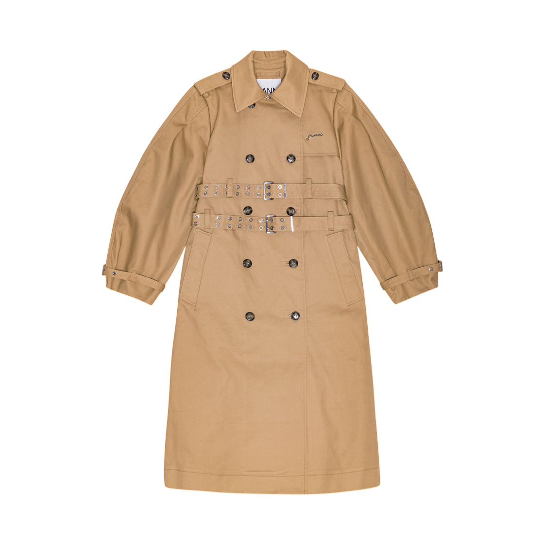 (W) 가니 카멜 본디드 코튼 트렌치 코트 타이거즈 아이((W) Ganni Camel Bonded Cotton Trench Coat Tiger's Eye)