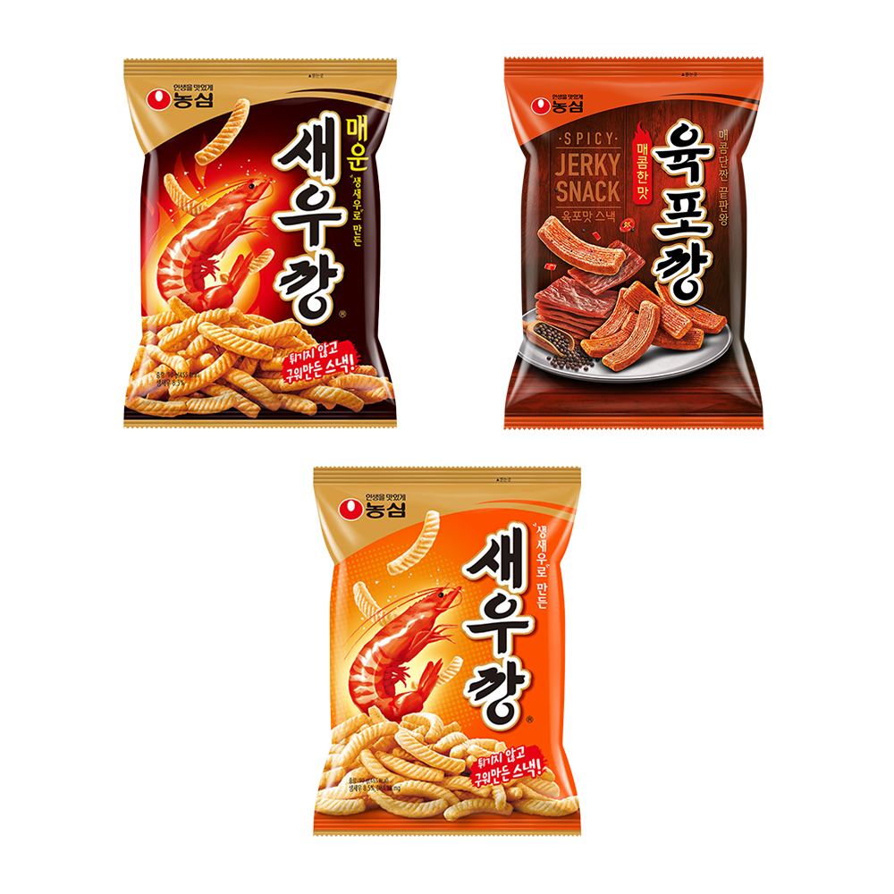 농심 육포깡 2봉+ 새우깡 4봉 + 매운새우깡 4봉(Nongshim Yukpo Kkang 2 Packs + Shrimp Crackers 4 Packs + Spicy Shrimp Crackers 4 Packs)
