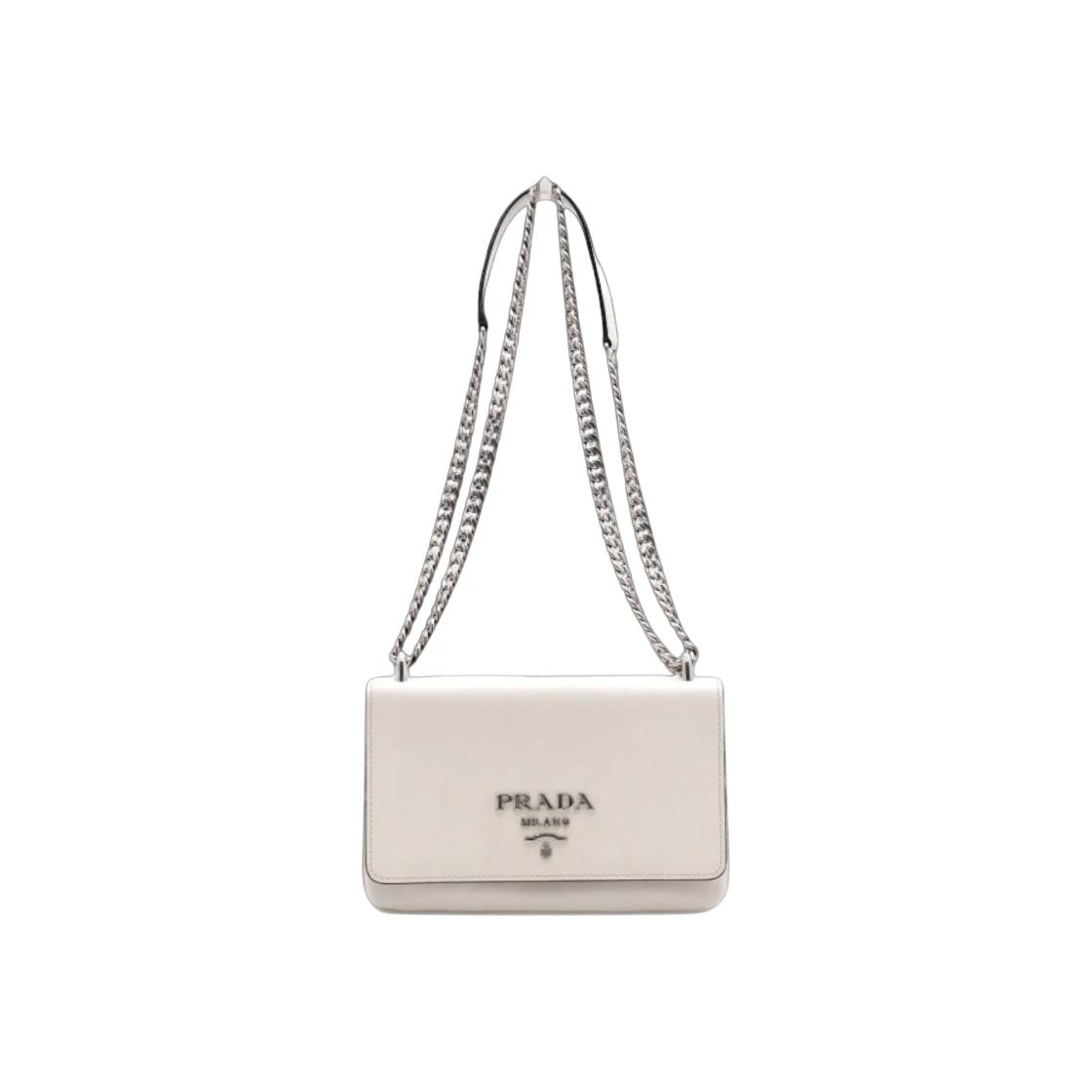 ITU78MT7G55I Prada 1BD144 White Soft Calf Saffiano Silver Logo Chain Shoulder & Crossbody Bag