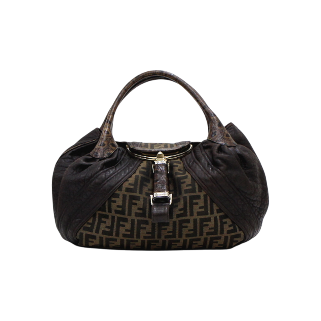 IT9T5I48BPIB Fendi Brown Leather FF Canvas Spy Weaving Handle Tote Bag
