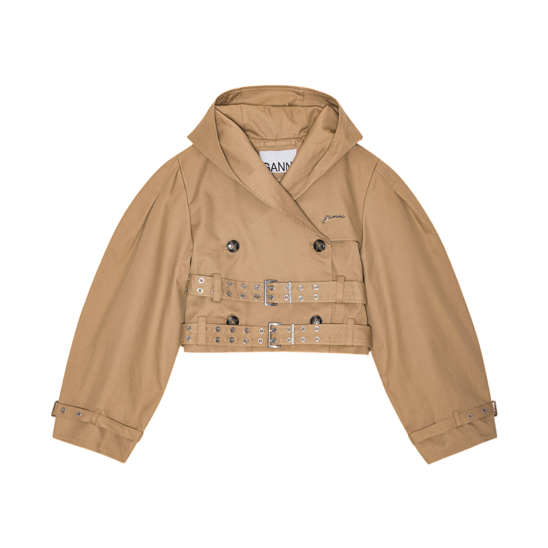(W) 가니 카멜 본디드 코튼 숏 트렌치 자켓 타이거즈 아이((W) Ganni Camel Bonded Cotton Short Trench Jacket Tiger's Eye) - 1