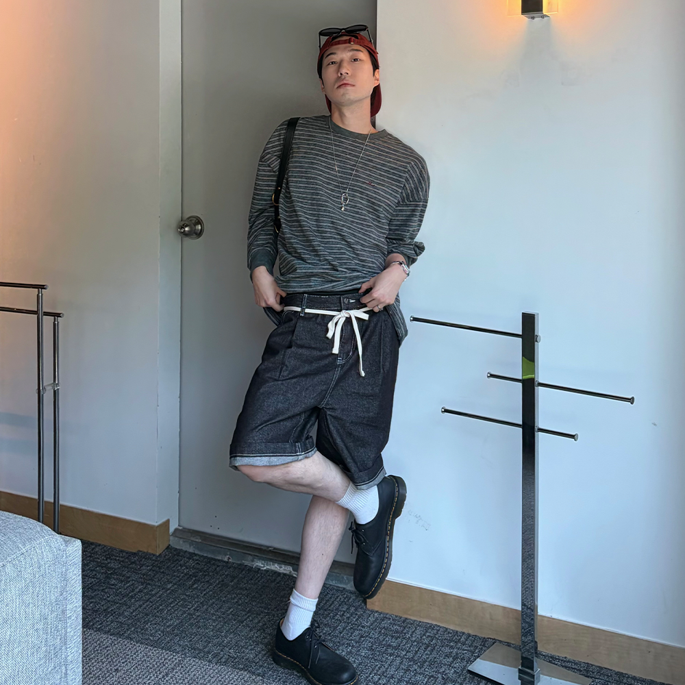 니티드 아웃스트링 버뮤다 데님 하프 팬츠 블랙(Knitted Outstring Bermuda Denim Half Pants Black) - 2