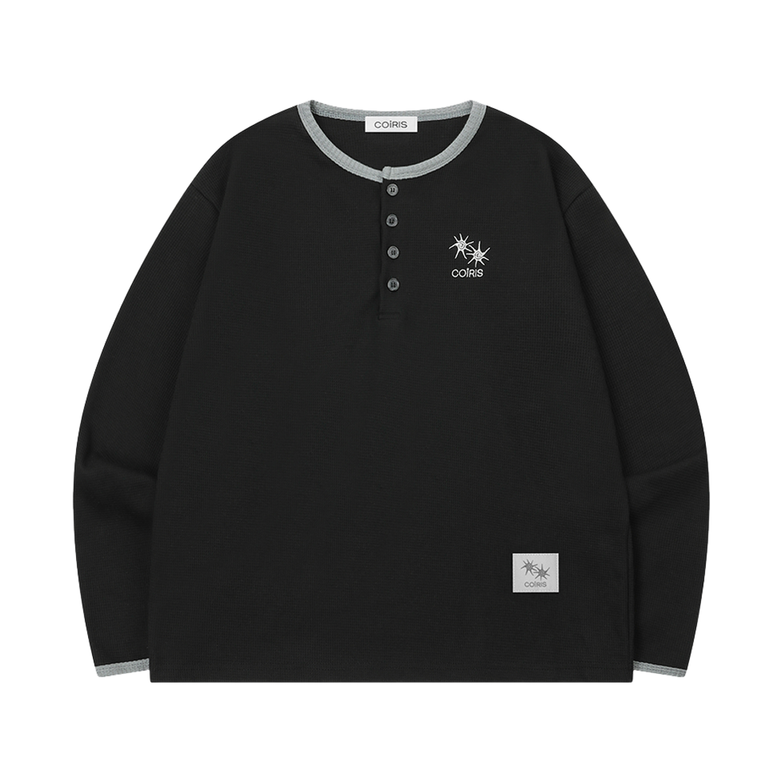 C-P00000EC Coiris Staple Button Waffle Long Sleeve T Unisex Black