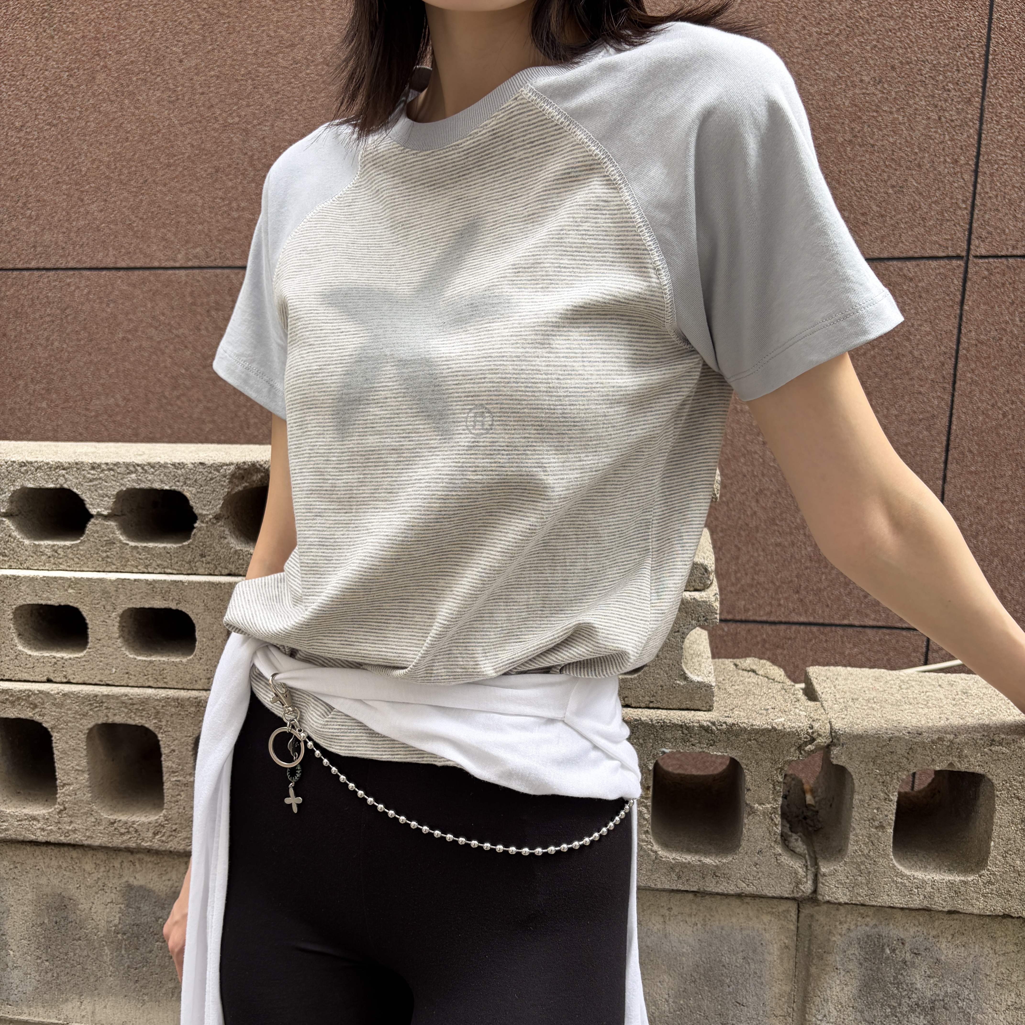 Riomeu Starfish Stripe Raglan T-shirt Gray, Riomeu Round Bowl Pants Chain Keyring 착용 스타일 - 3