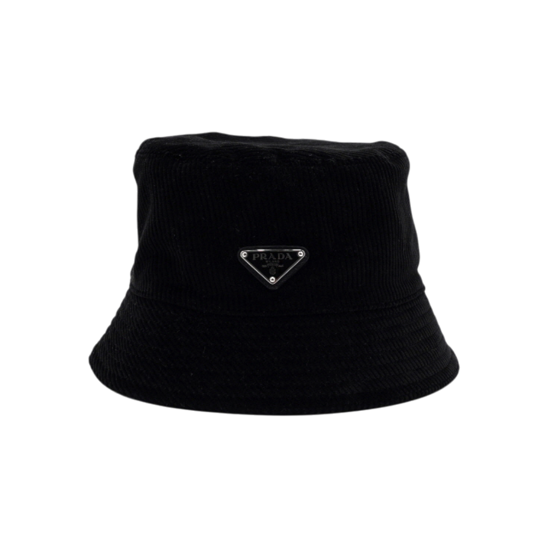 IT8TFENTM9QD Prada Black Corduroy Triangle Logo Men Bucket Hat