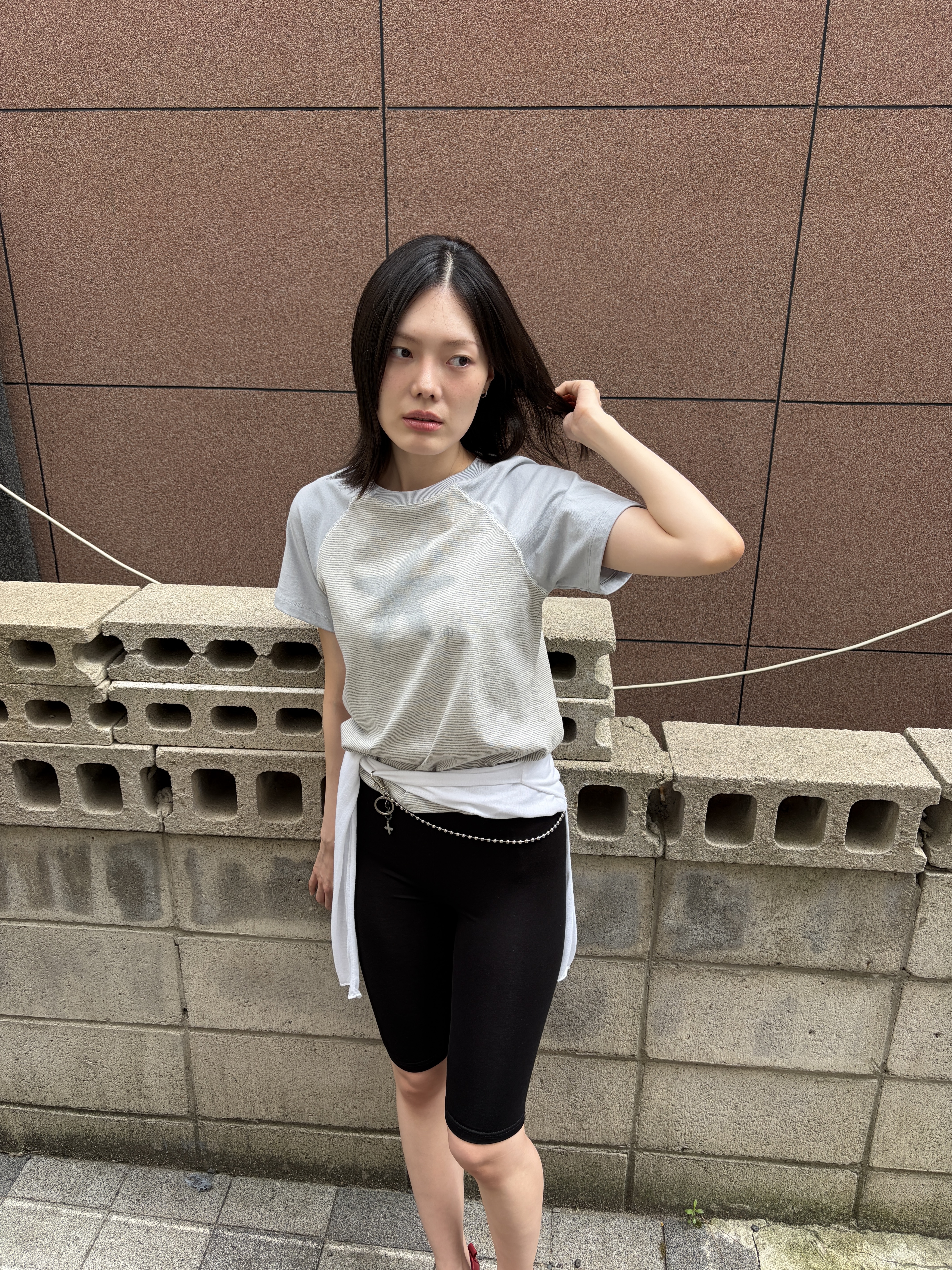 Riomeu Round Bowl Pants Chain Keyring, Riomeu Starfish Stripe Raglan T-shirt Gray 착용 스타일 - 6