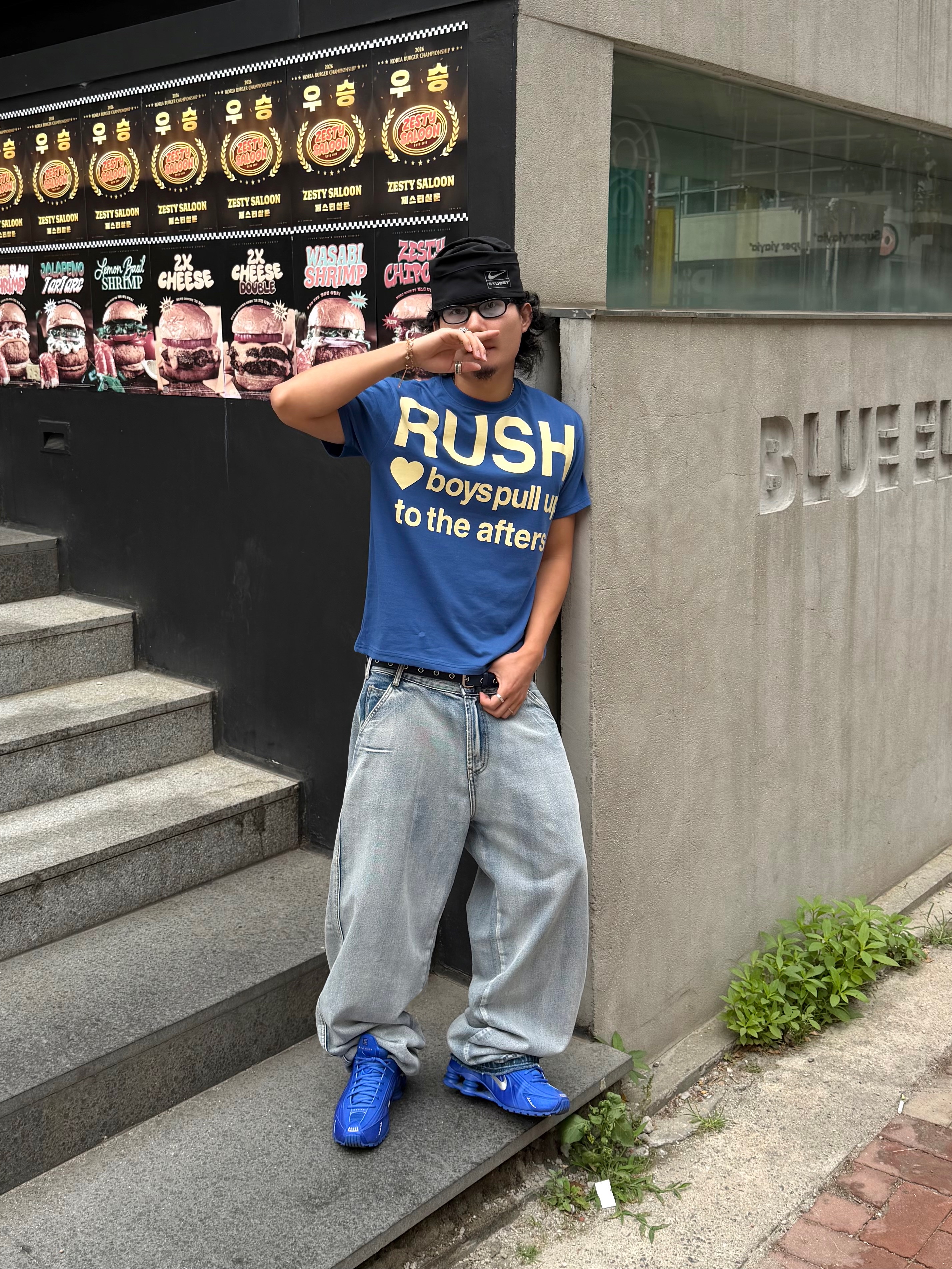 (W) Nike Shox R4 Racer Blue and Metallic Silver, Nike x Stussy Skull Cap Black 착용 스타일 - 1