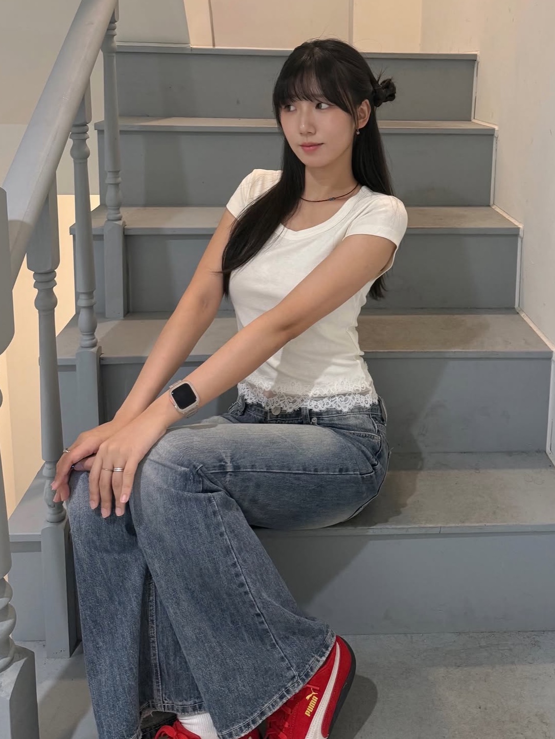 PHOS333 W Slim Fit Lace T-Shirt Ivory 착용 스타일 - 4