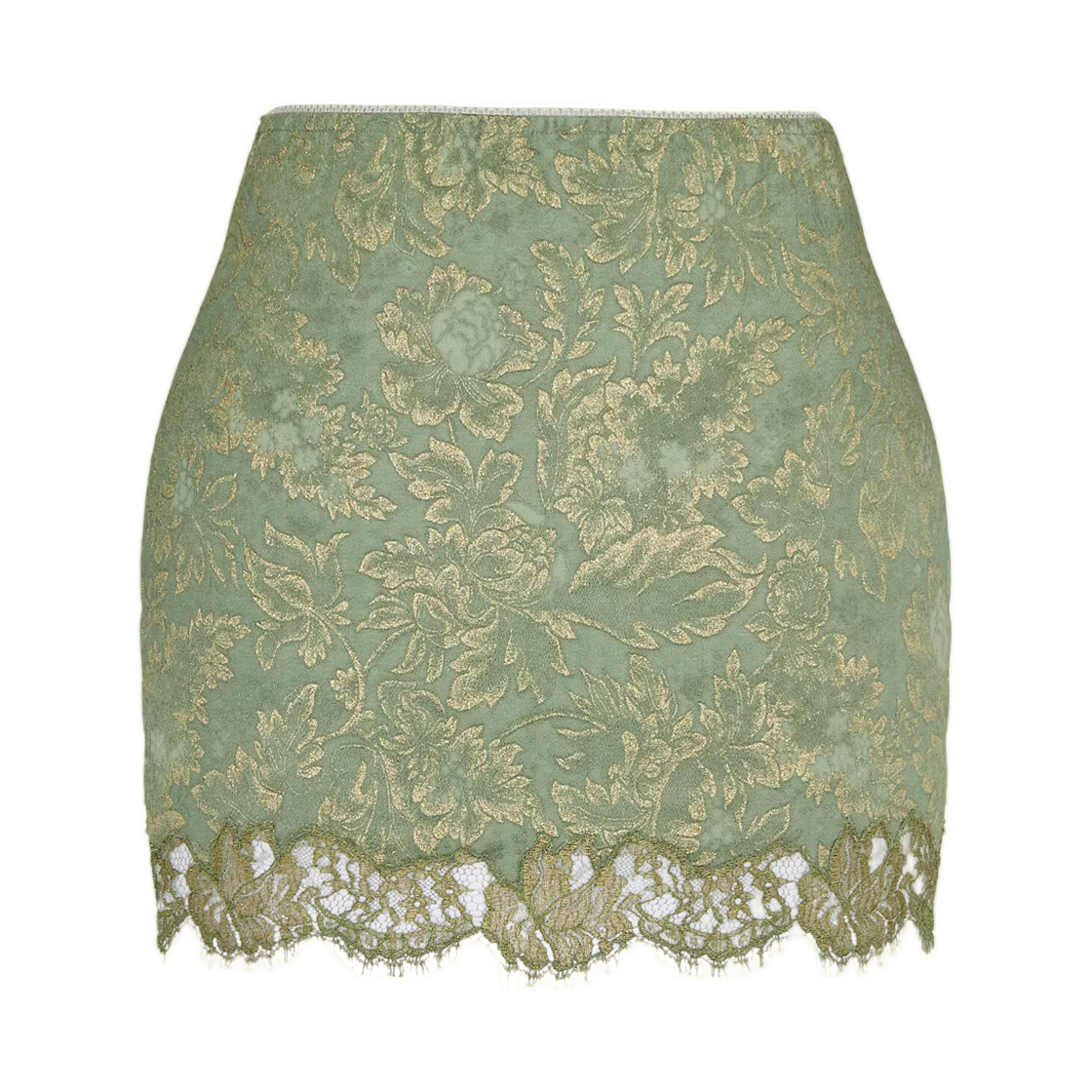 (W) 생로랑 바로크 미니 스커트 자카드 앤 레이스 셀라돈 오르((W) Saint Laurent Baroque Mini Skirt in Jacquard and Lace Celadon Or)