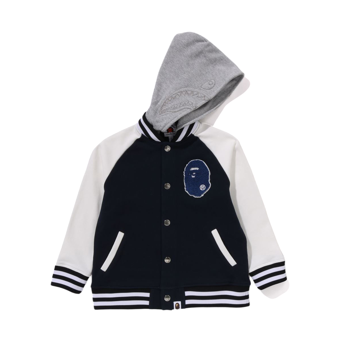 (키즈) 베이프 샤크 후드 스웨트 바시티 자켓 네이비((Kids) BAPE Shark Hoodie Sweat Varsity Jacket Navy)