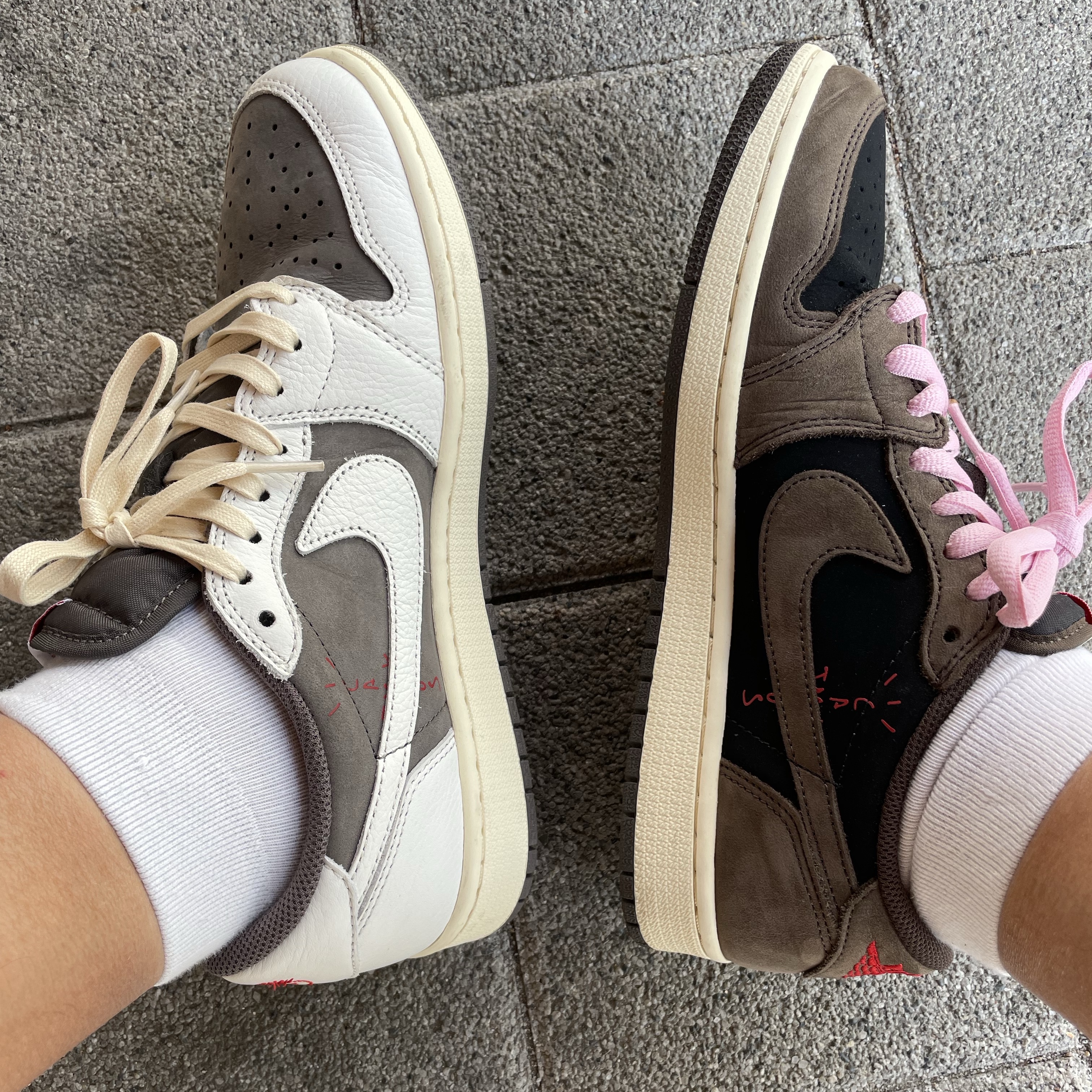 Jordan 1 x Travis Scott Retro Low OG SP Sail and Ridgerock, Jordan 1 x Travis Scott Retro Low OG SP Mocha 착용 스타일