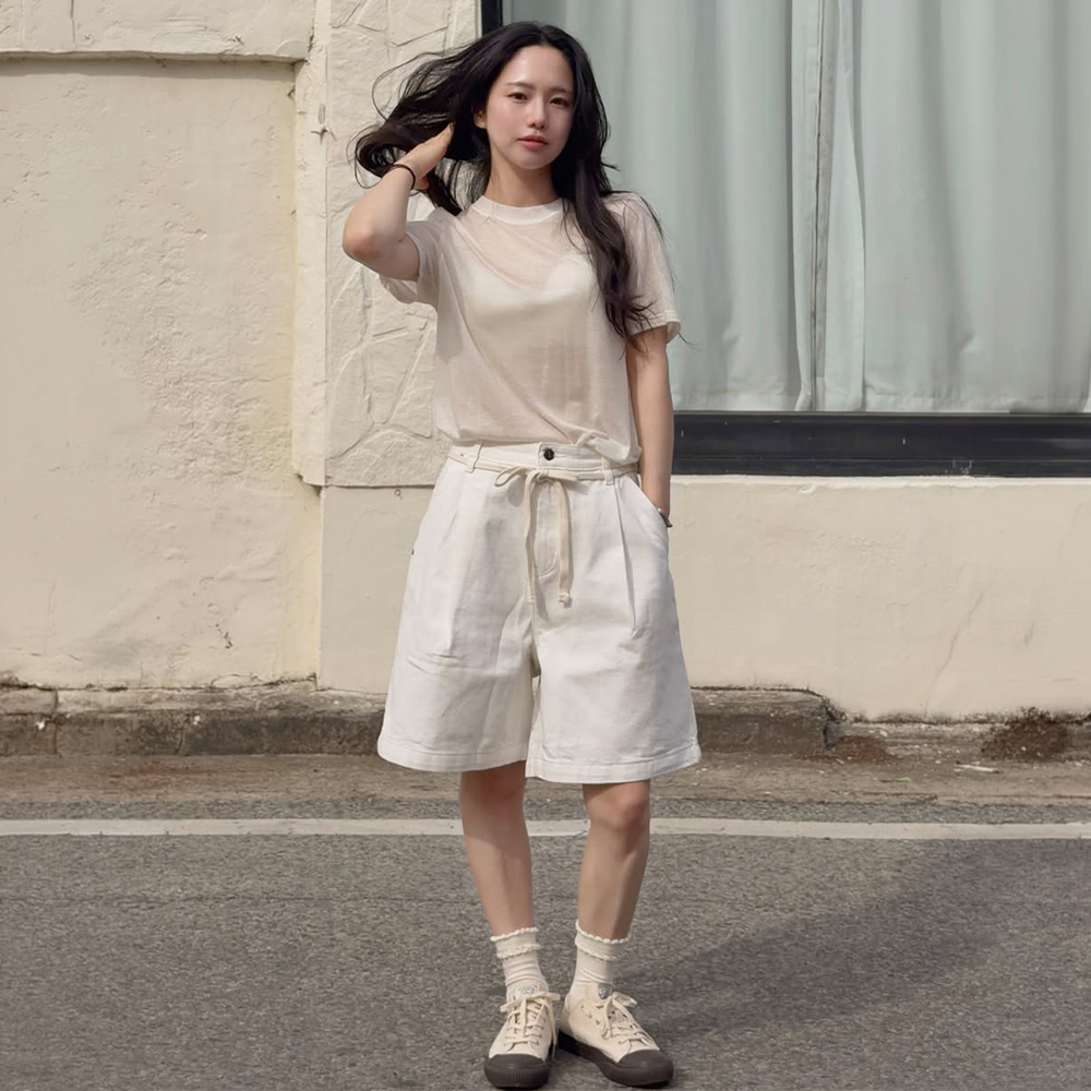 니티드 아웃스트링 버뮤다 데님 하프 팬츠 크림(Knitted Outstring Bermuda Denim Half Pants Cream) - 3
