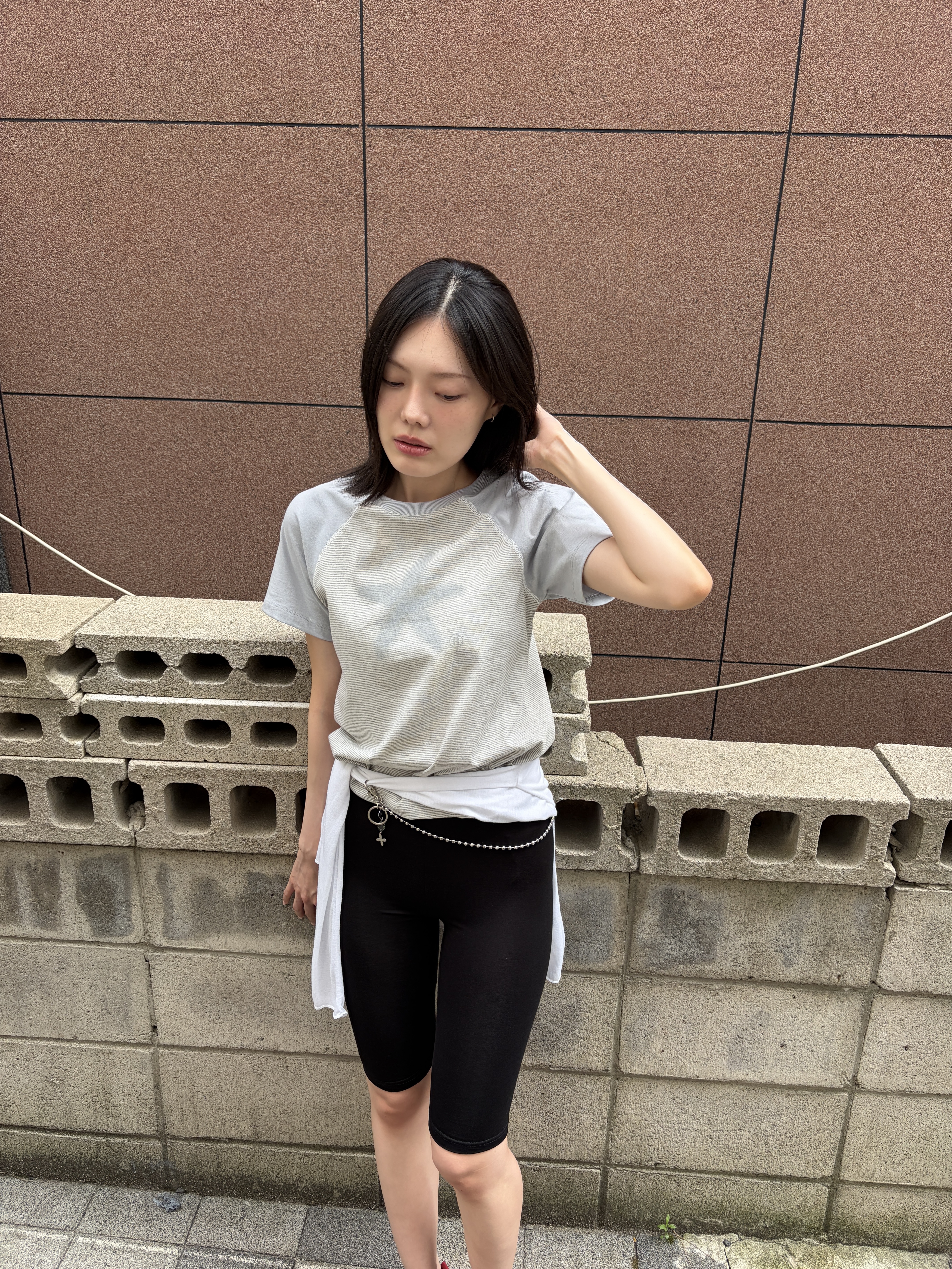 Riomeu Round Bowl Pants Chain Keyring, Riomeu Starfish Stripe Raglan T-shirt Gray 착용 스타일 - 5