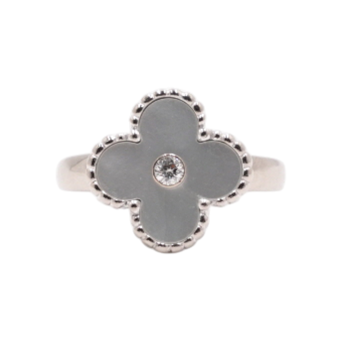 IT47WMEVM5NH Van Cleef & Arpels Vintage Alhambra Ring in 18K White Gold Mother of Pearl & 0.05 Carat Diamond