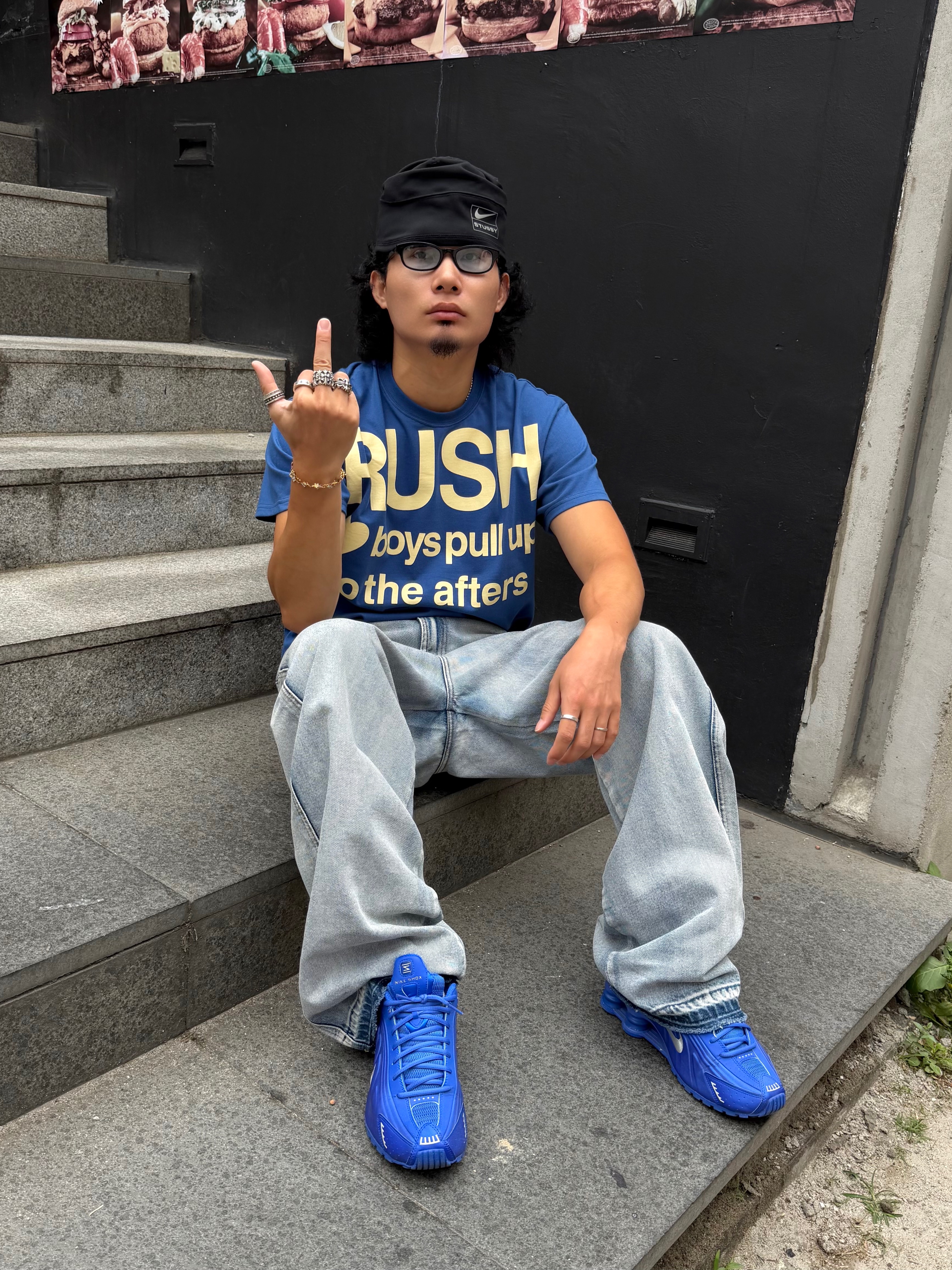 (W) Nike Shox R4 Racer Blue and Metallic Silver, Nike x Stussy Skull Cap Black 착용 스타일 - 2