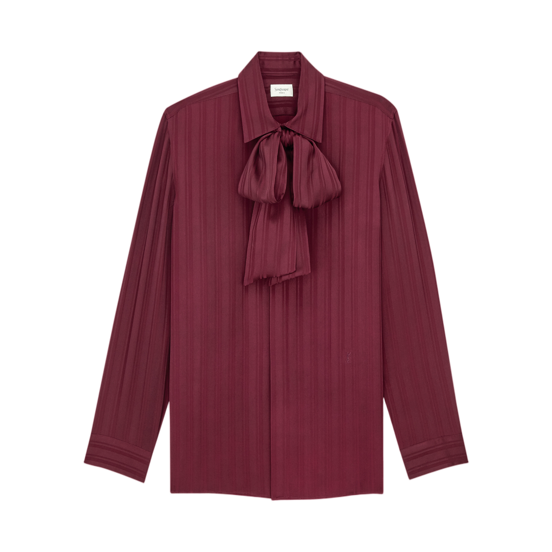 838125-Y142U-5504 (W) Saint Laurent Cassandre Lavalliere Blouse in Striped Silk Jacquard Bordeaux
