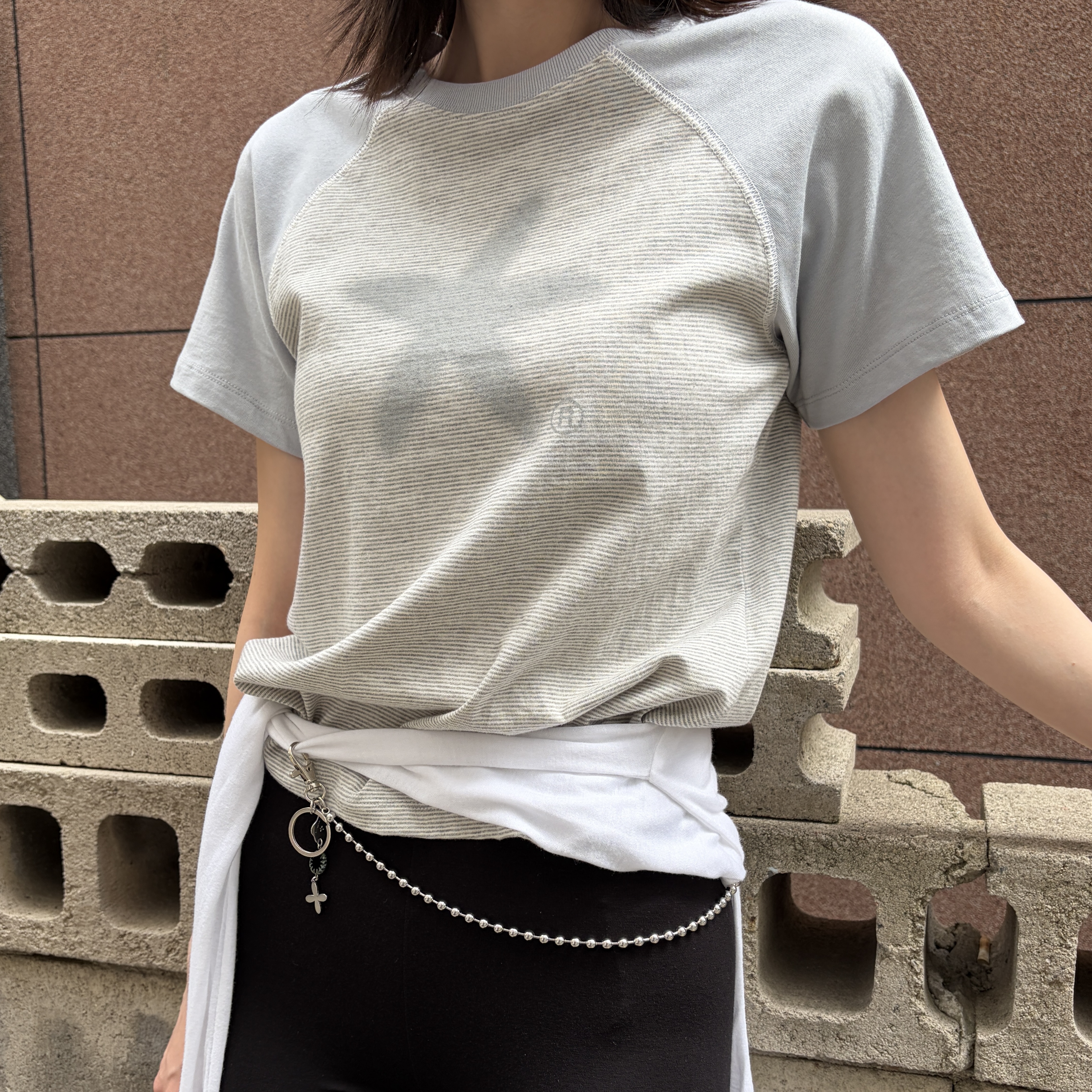Riomeu Starfish Stripe Raglan T-shirt Gray, Riomeu Round Bowl Pants Chain Keyring 착용 스타일 - 4