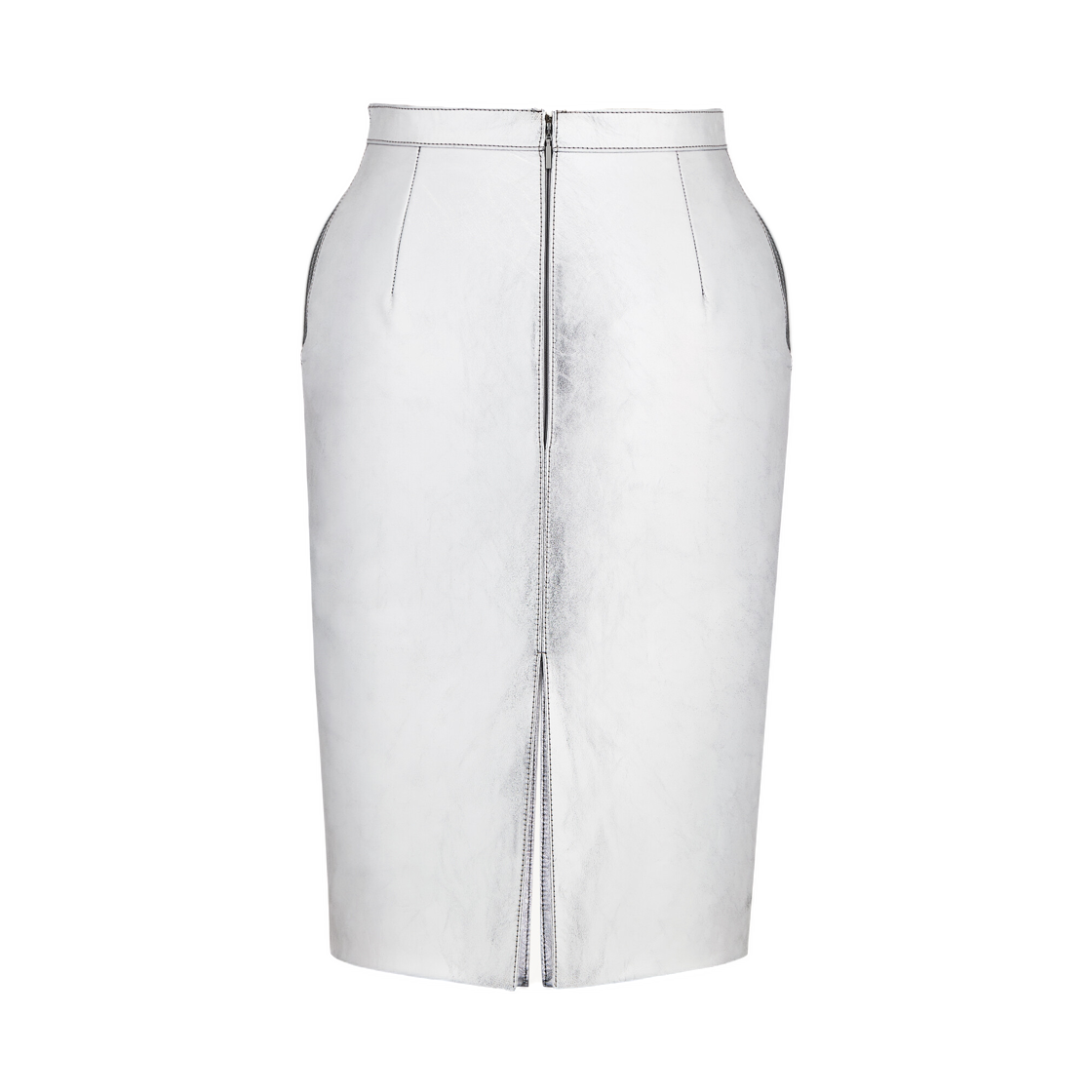 (W) 생로랑 펜슬 스커트 메탈릭 레더 아르장 누아((W) Saint Laurent Pencil Skirt in Metallic Leather Argent Noir) - 2