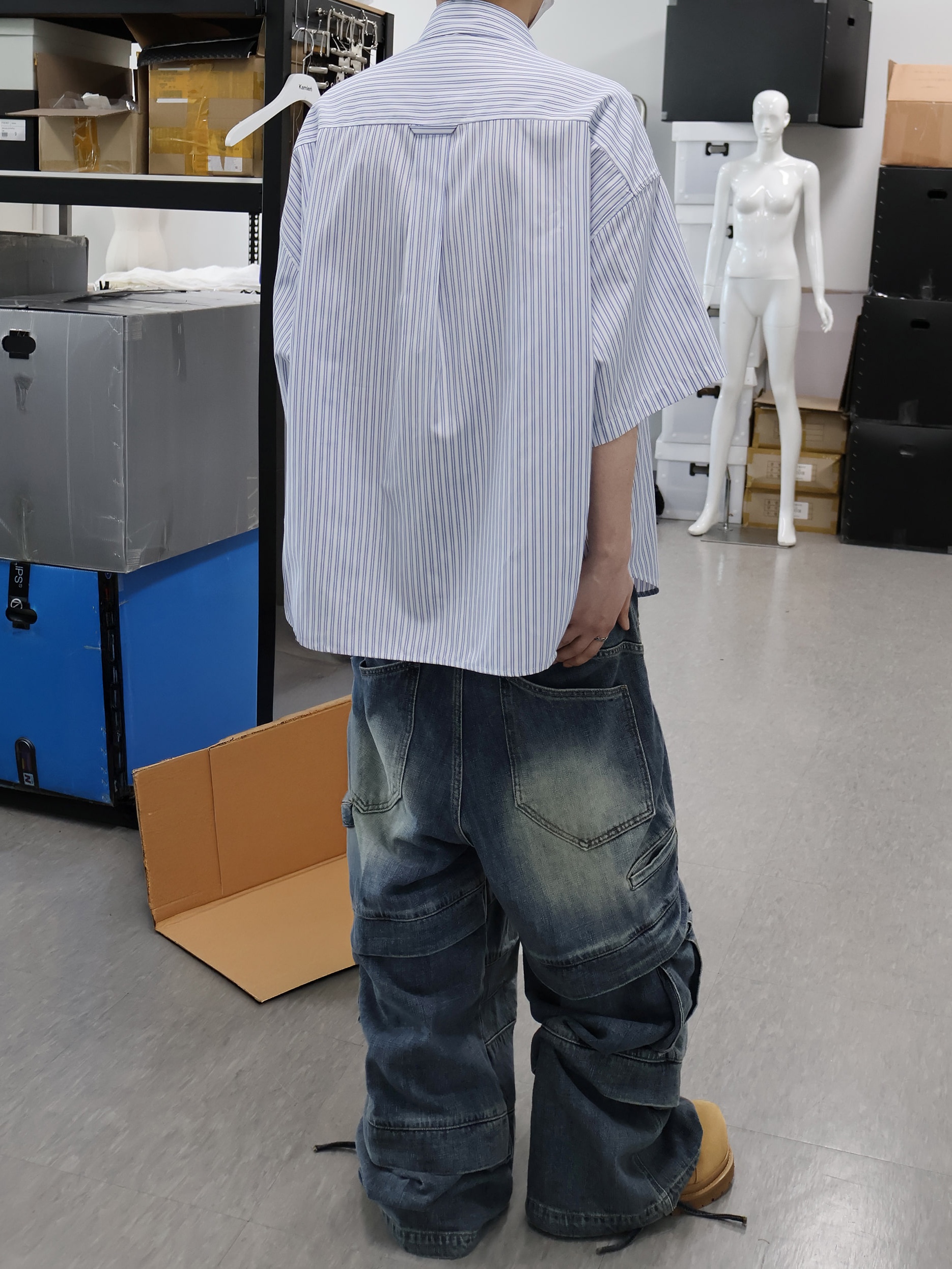 Kamien Titan Baggy Denim Pants Blue, Kamien Box Stripe Half Shirt Blue 착용 스타일